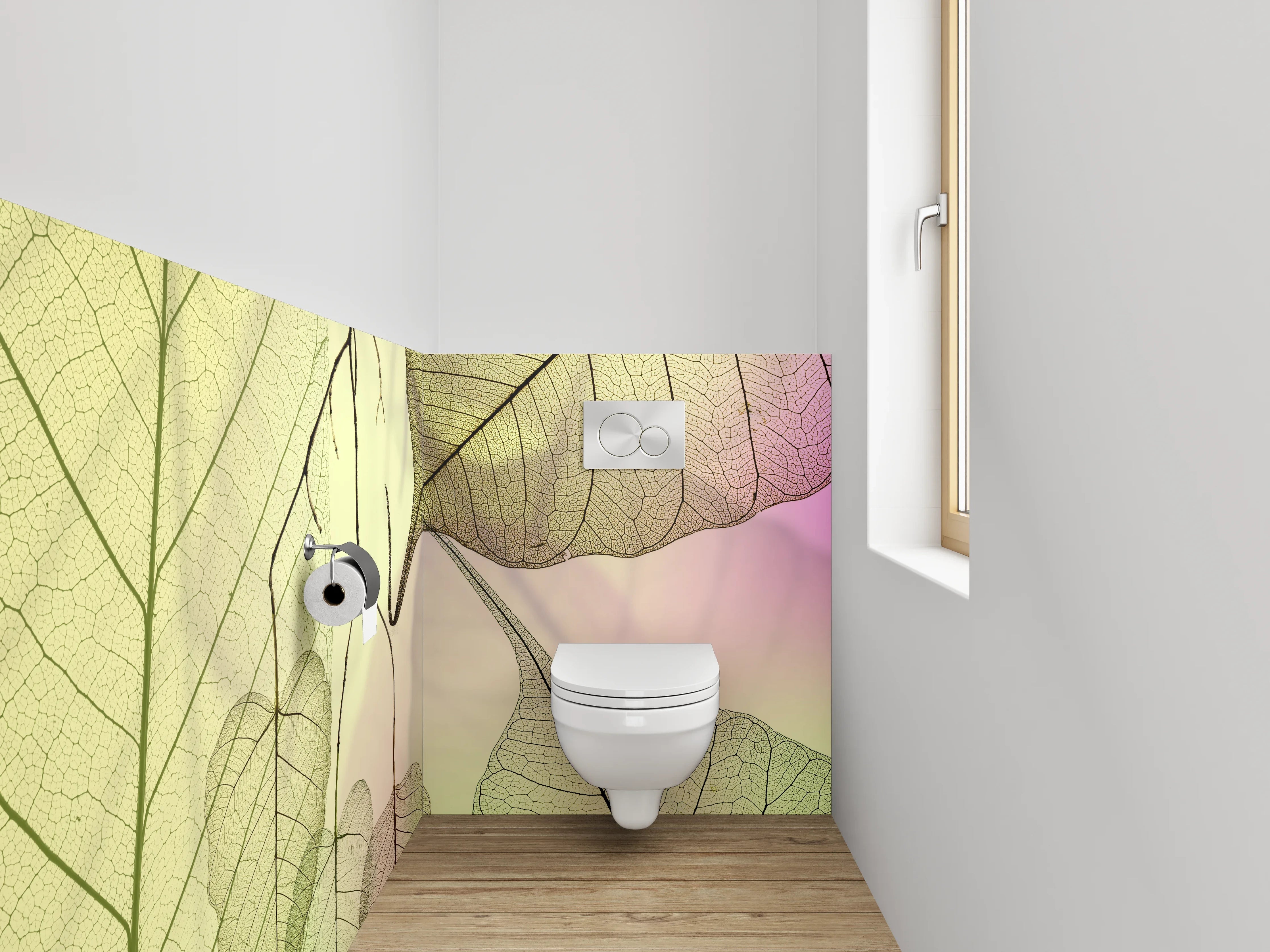 WC-Rückwand - Zarte Blätter auf sanftem Pastell