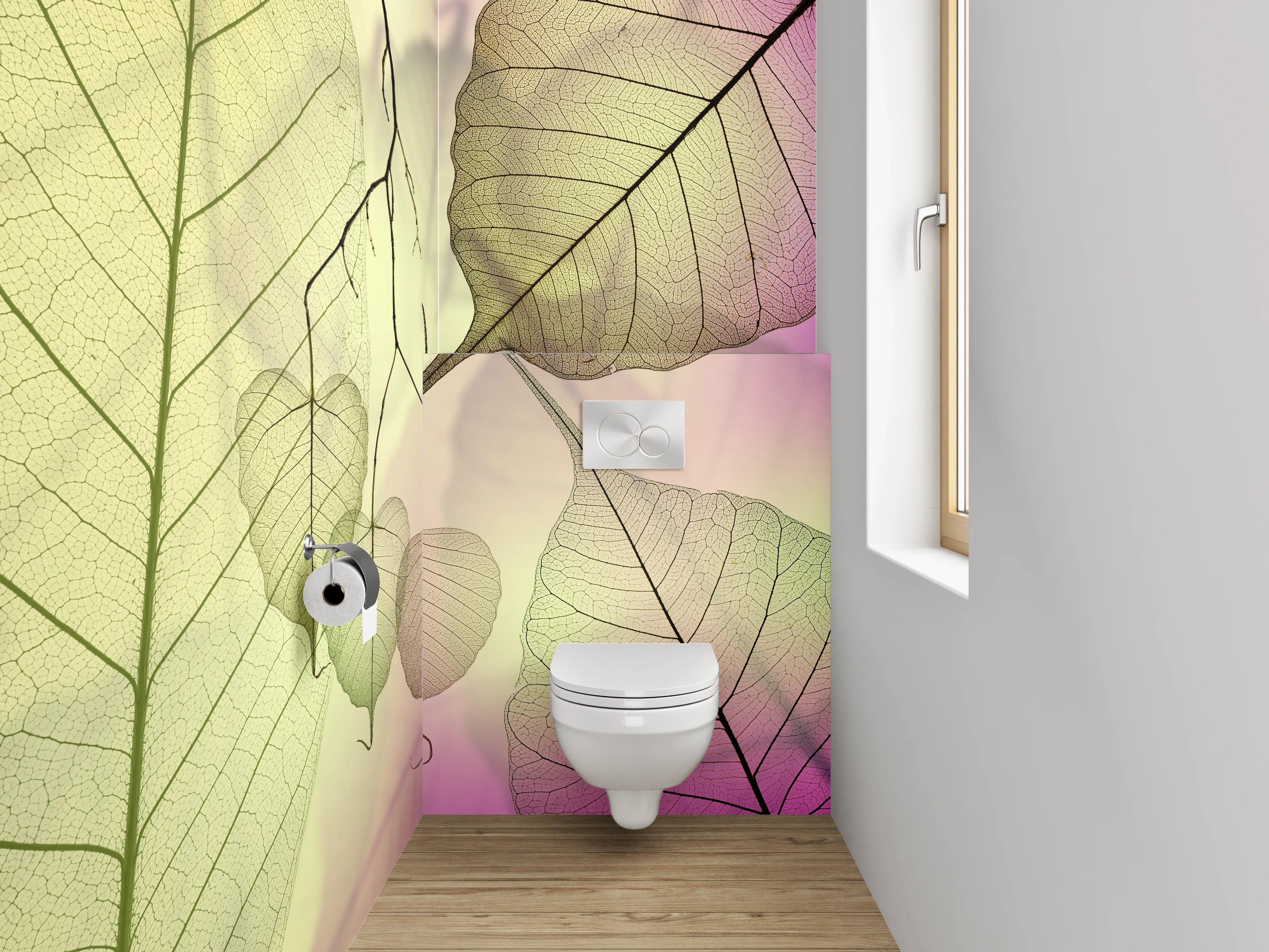 WC-Rückwand - Zarte Blätter auf sanftem Pastell