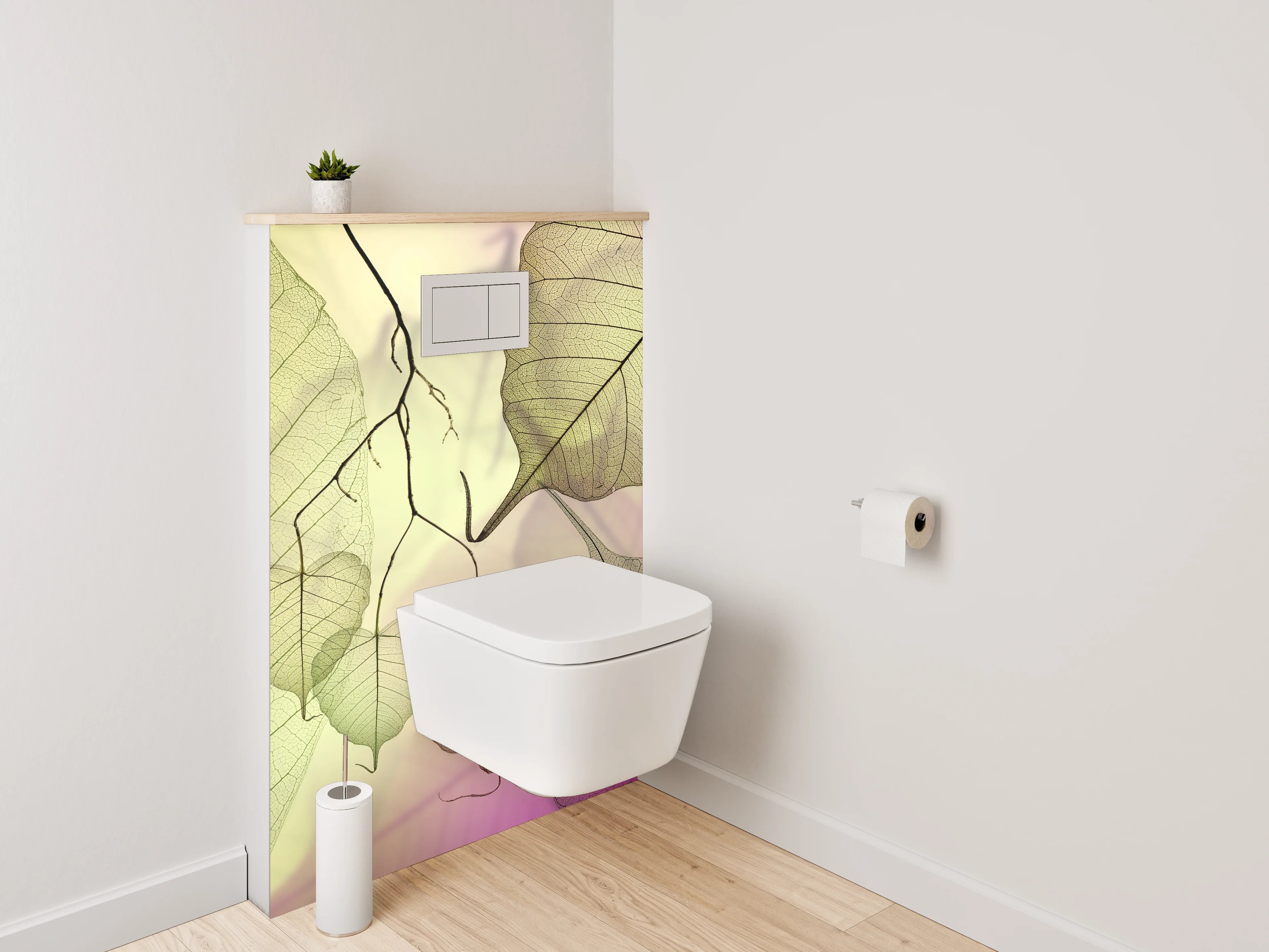 WC-Rückwand - Zarte Blätter auf sanftem Pastell
