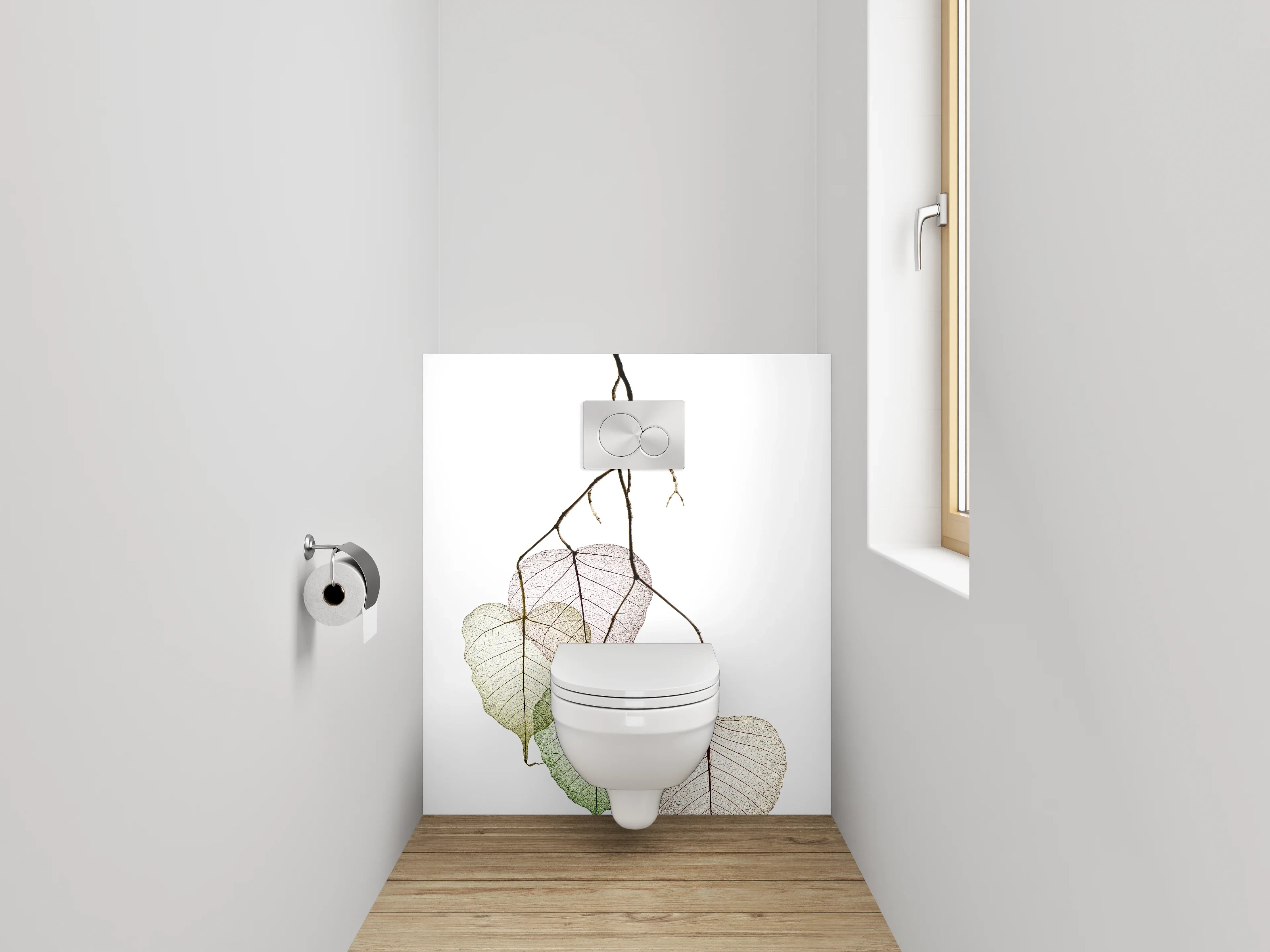 WC-Rückwand - Zarte Blätterzweige auf Weiß
