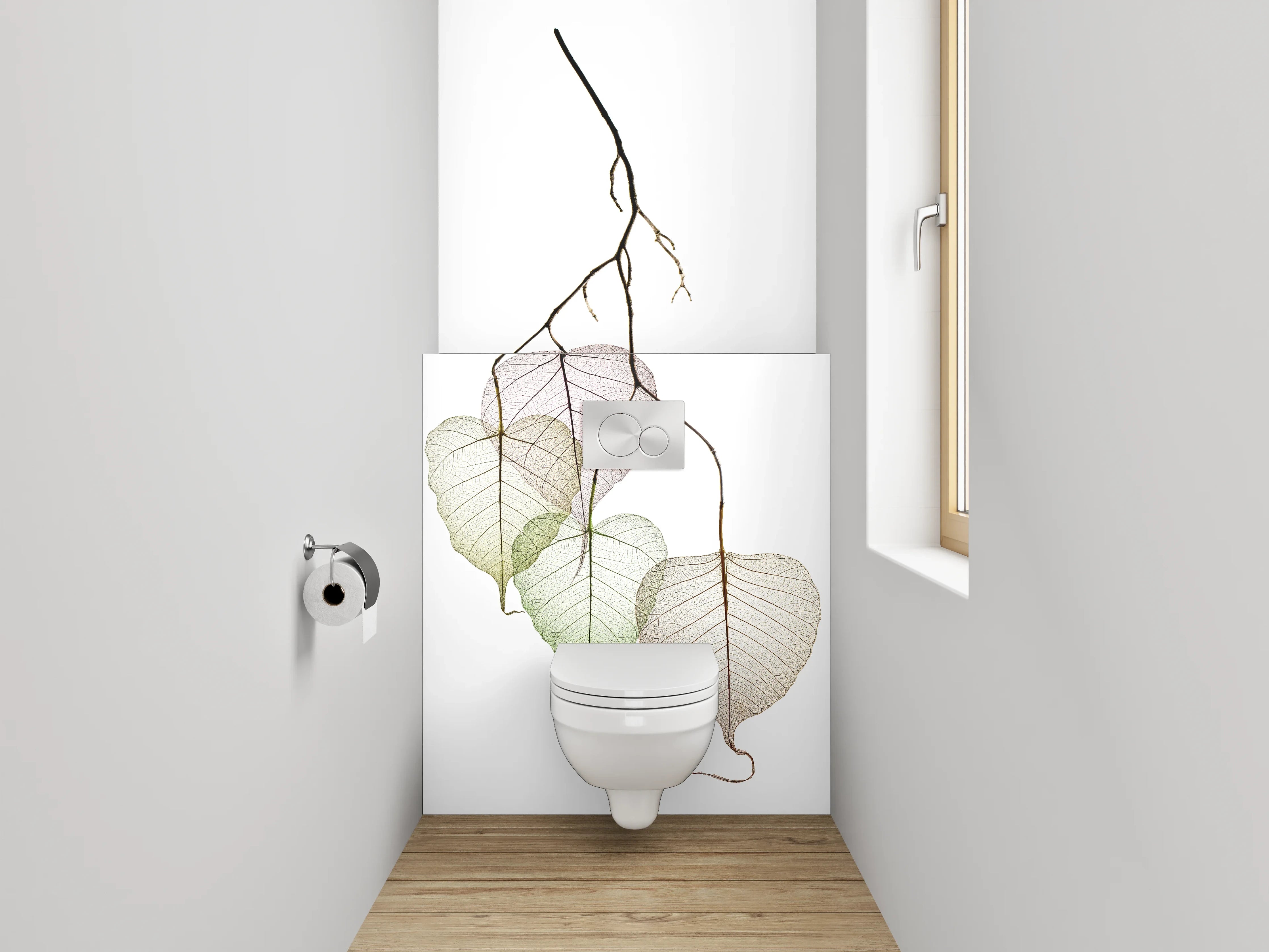 WC-Rückwand - Zarte Blätterzweige auf Weiß
