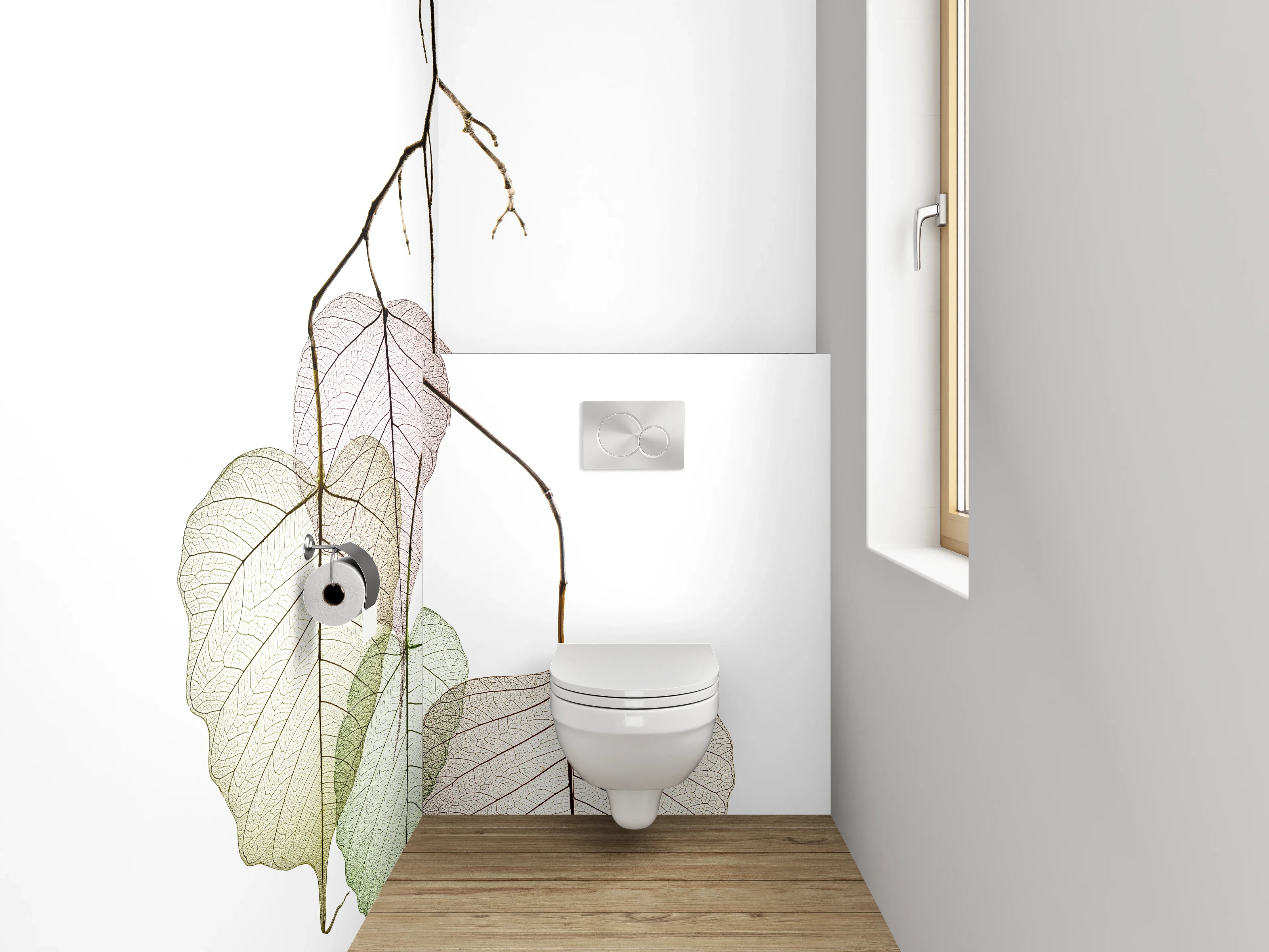 WC-Rückwand - Zarte Blätterzweige auf Weiß
