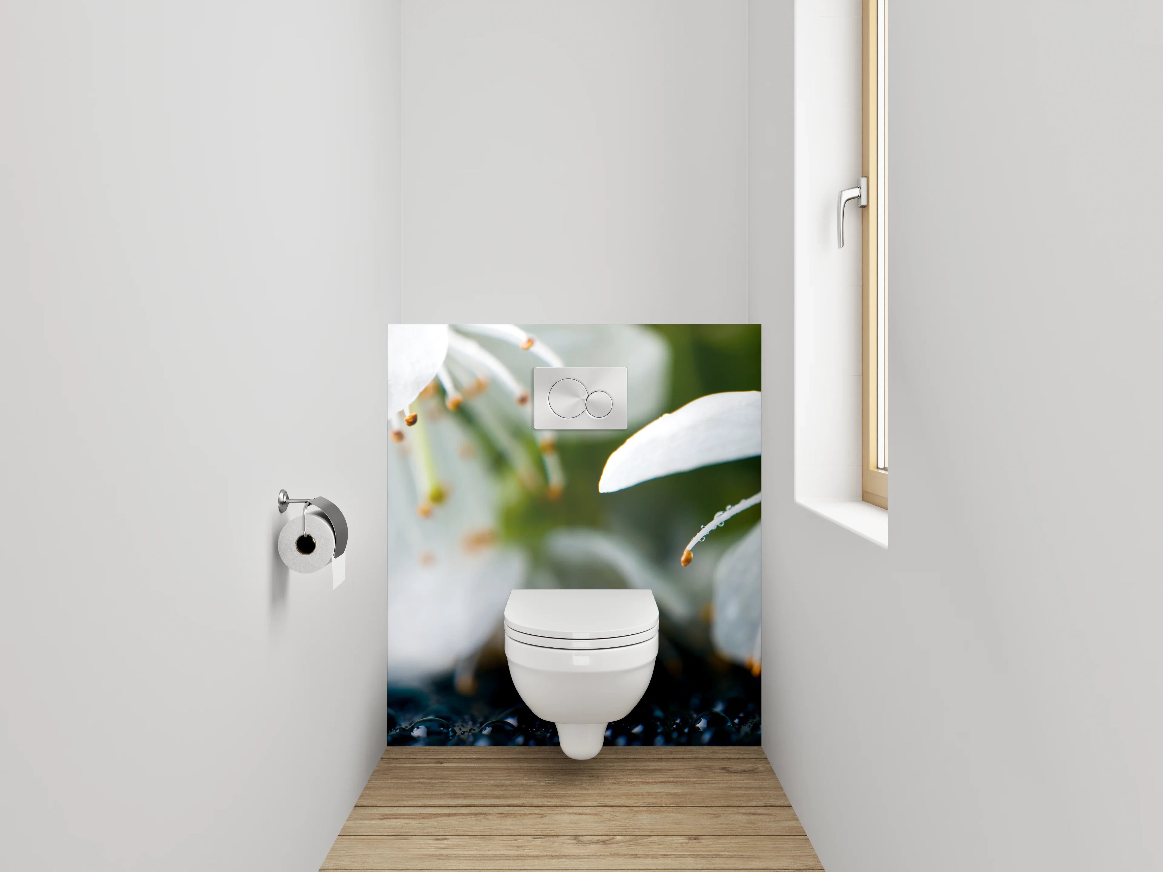 WC-Rückwand - Zarte Blüten auf Tauperlen