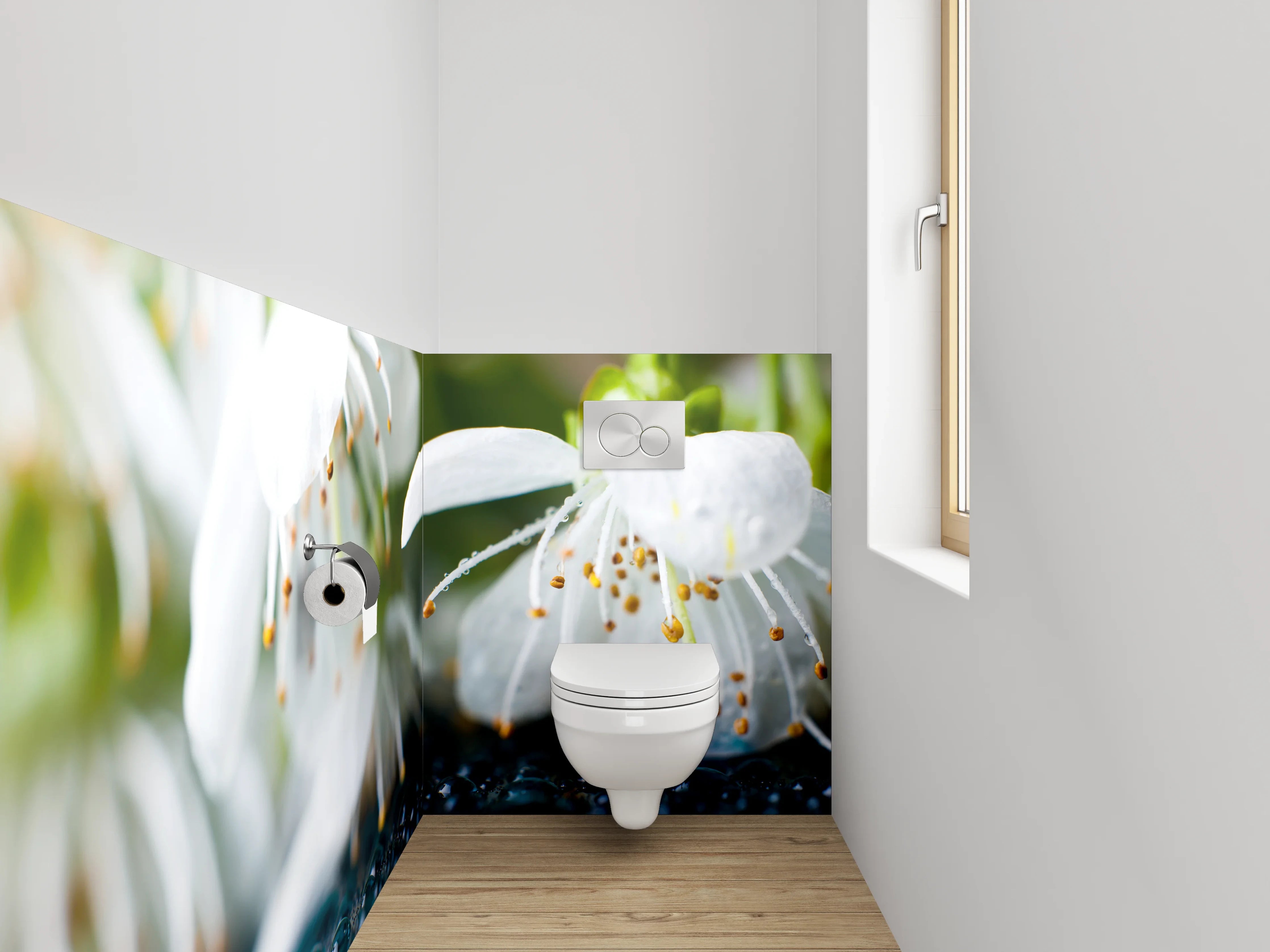 WC-Rückwand - Zarte Blüten auf Tauperlen