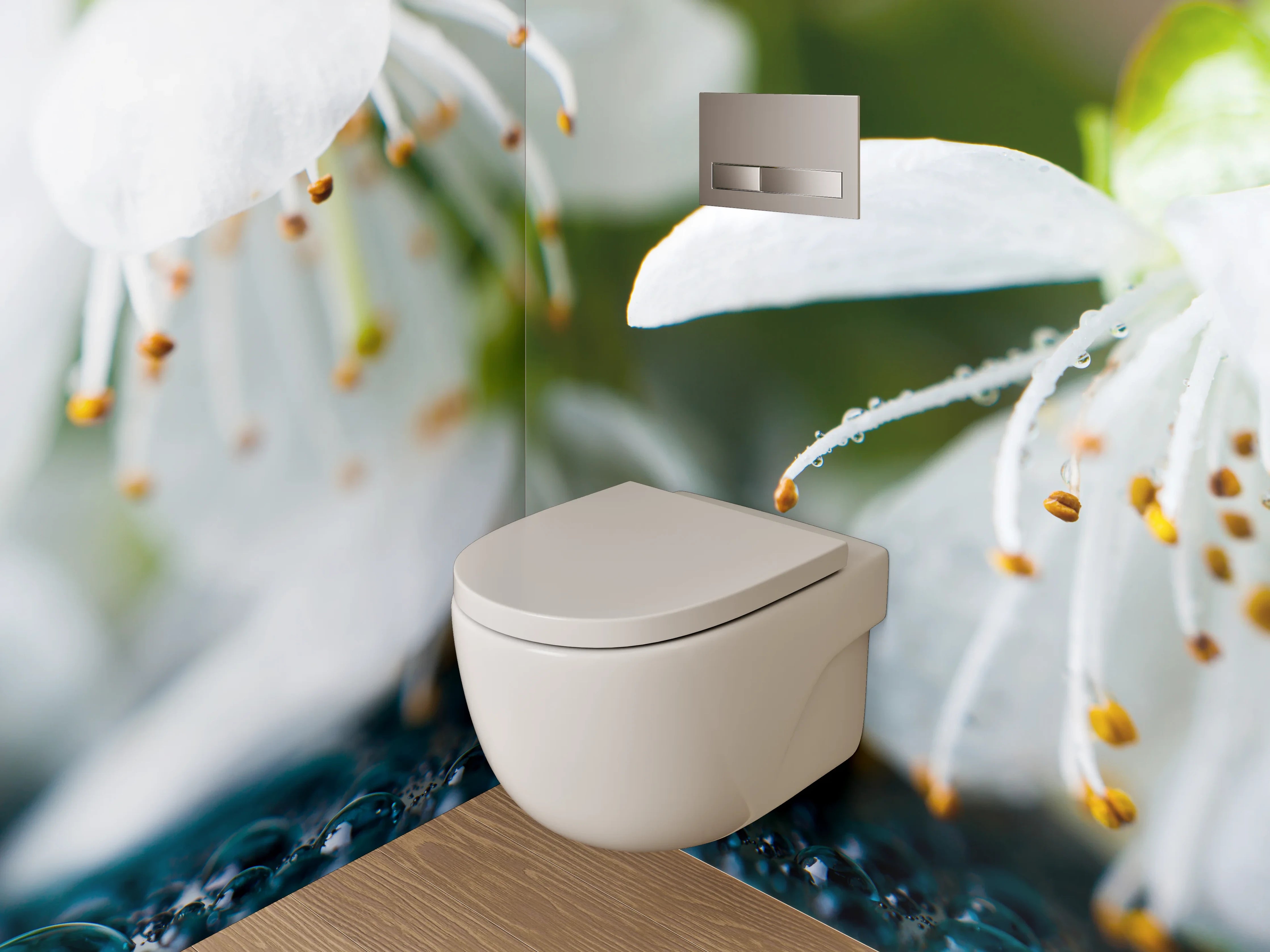 WC-Rückwand - Zarte Blüten auf Tauperlen