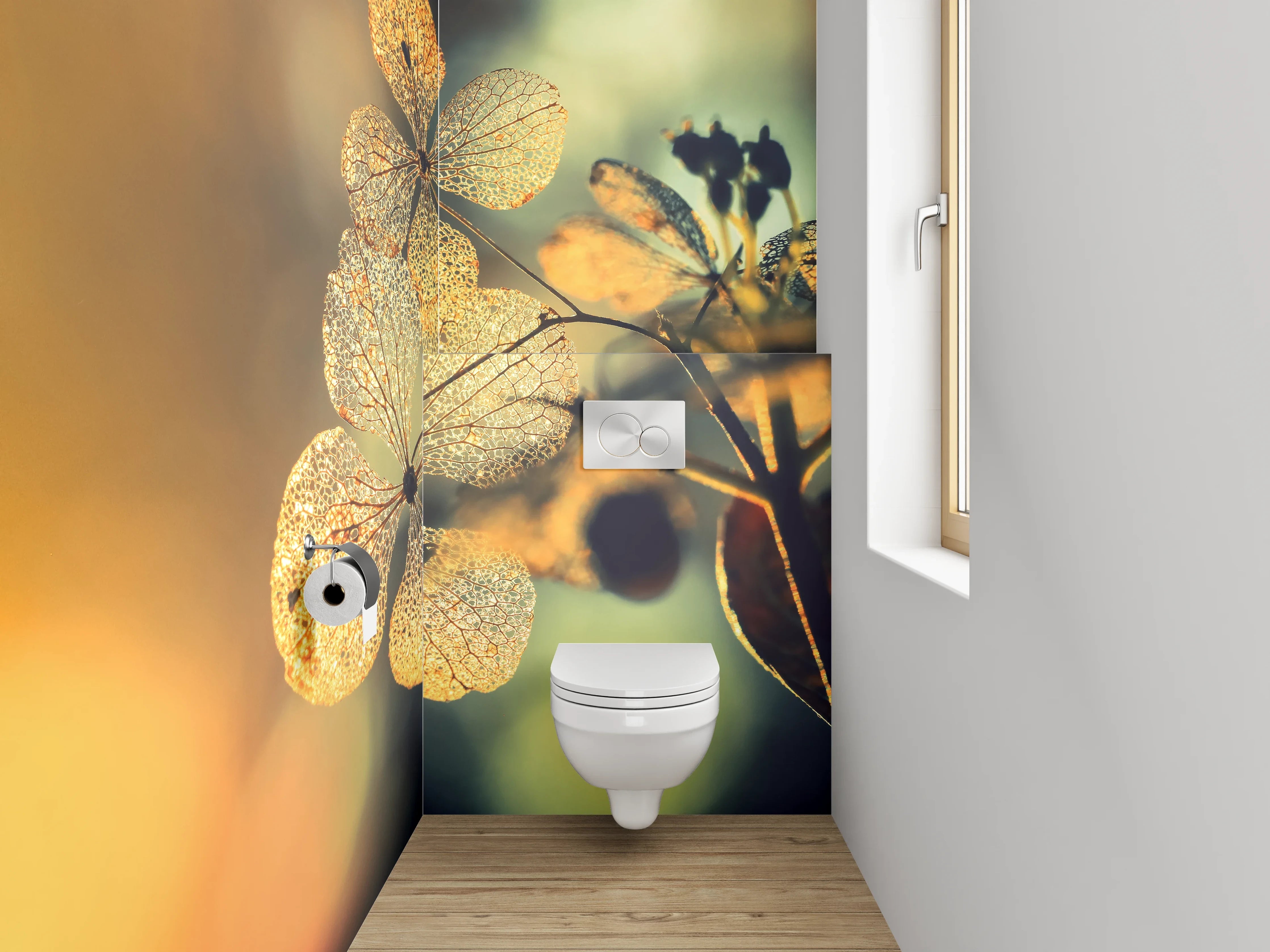 WC-Rückwand - Zarte Blüten im warmen Sonnenlicht