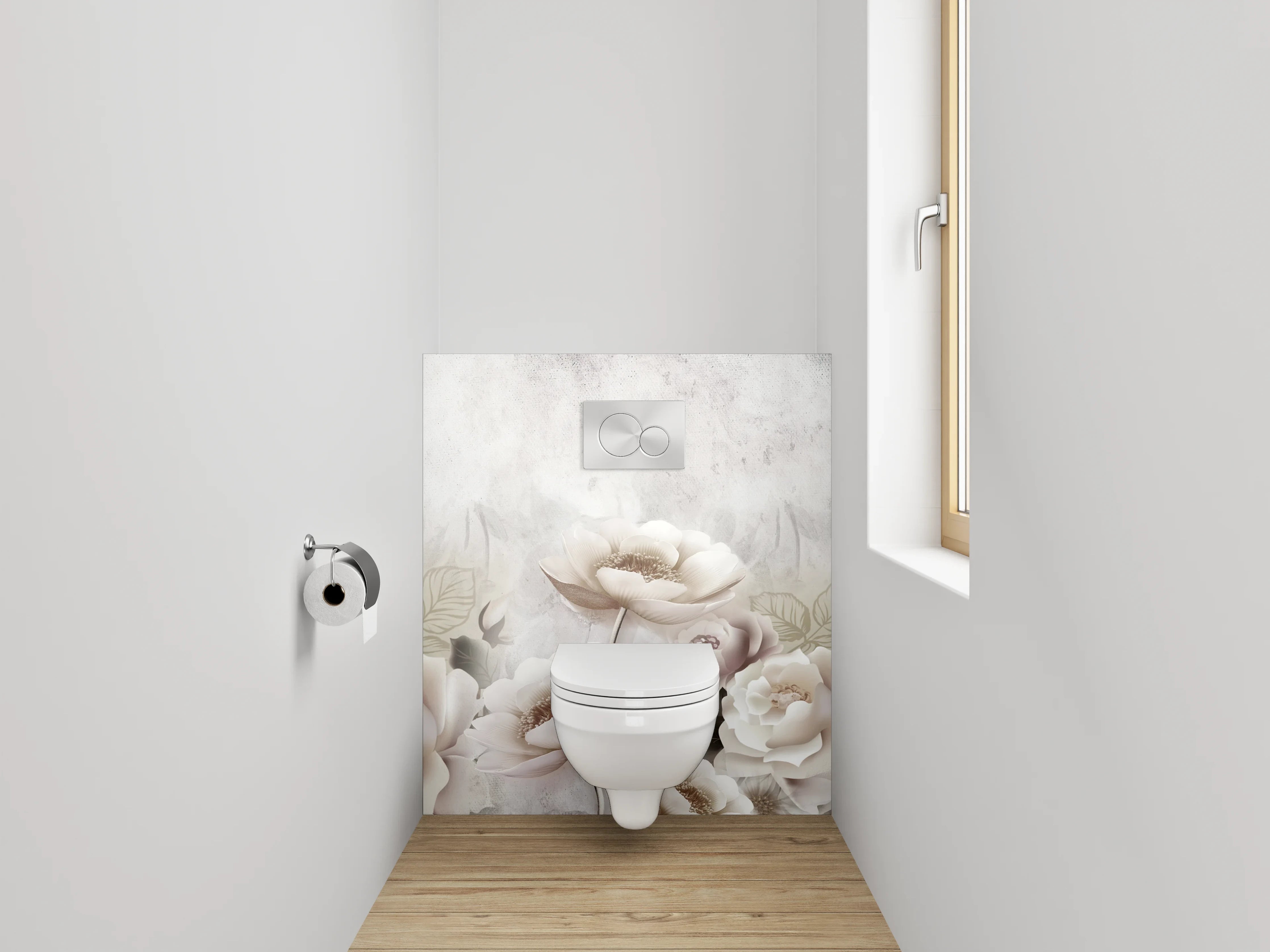 WC-Rückwand - Zarte Blüten in Beige und Weiß
