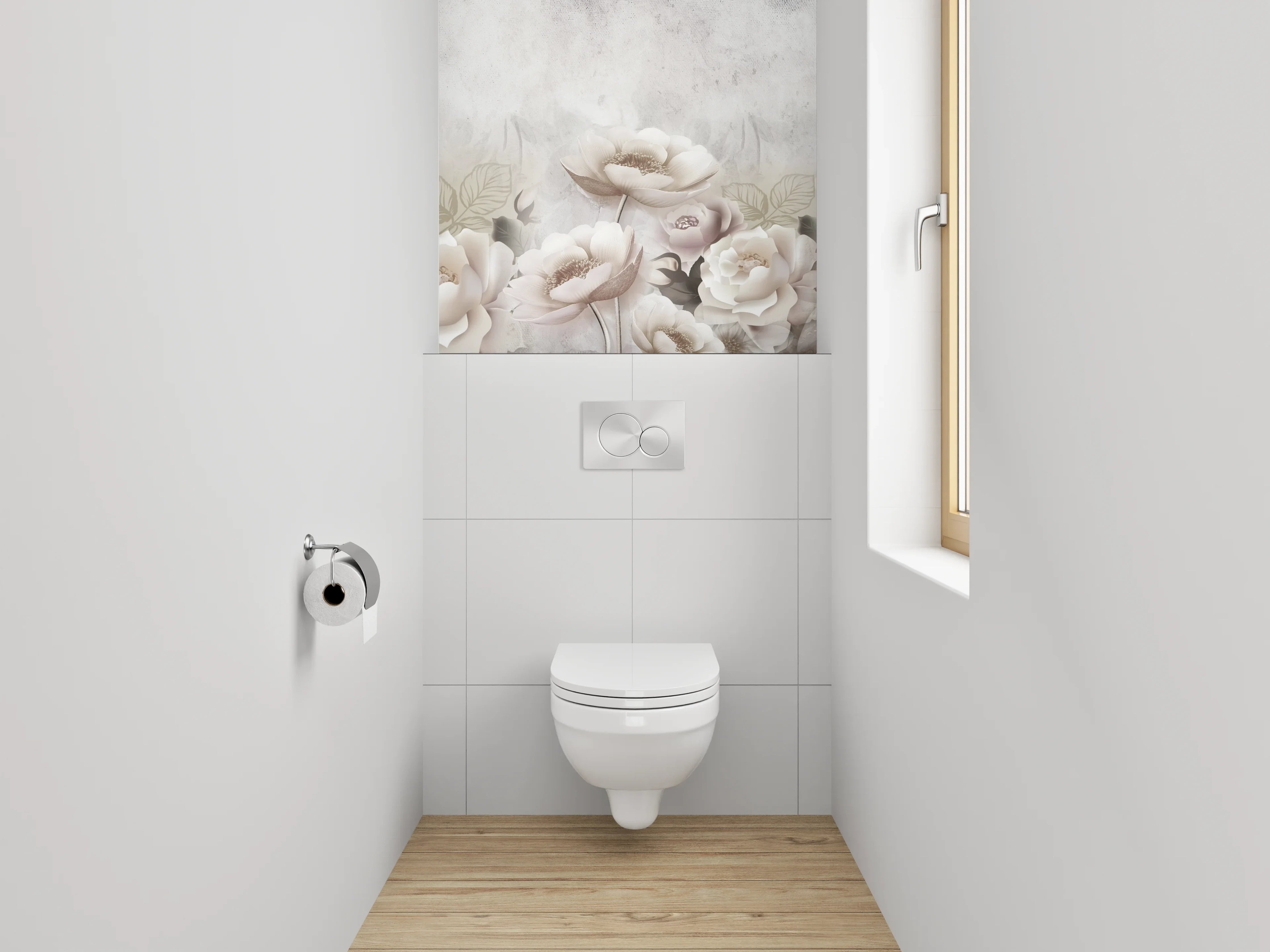 WC-Rückwand - Zarte Blüten in Beige und Weiß
