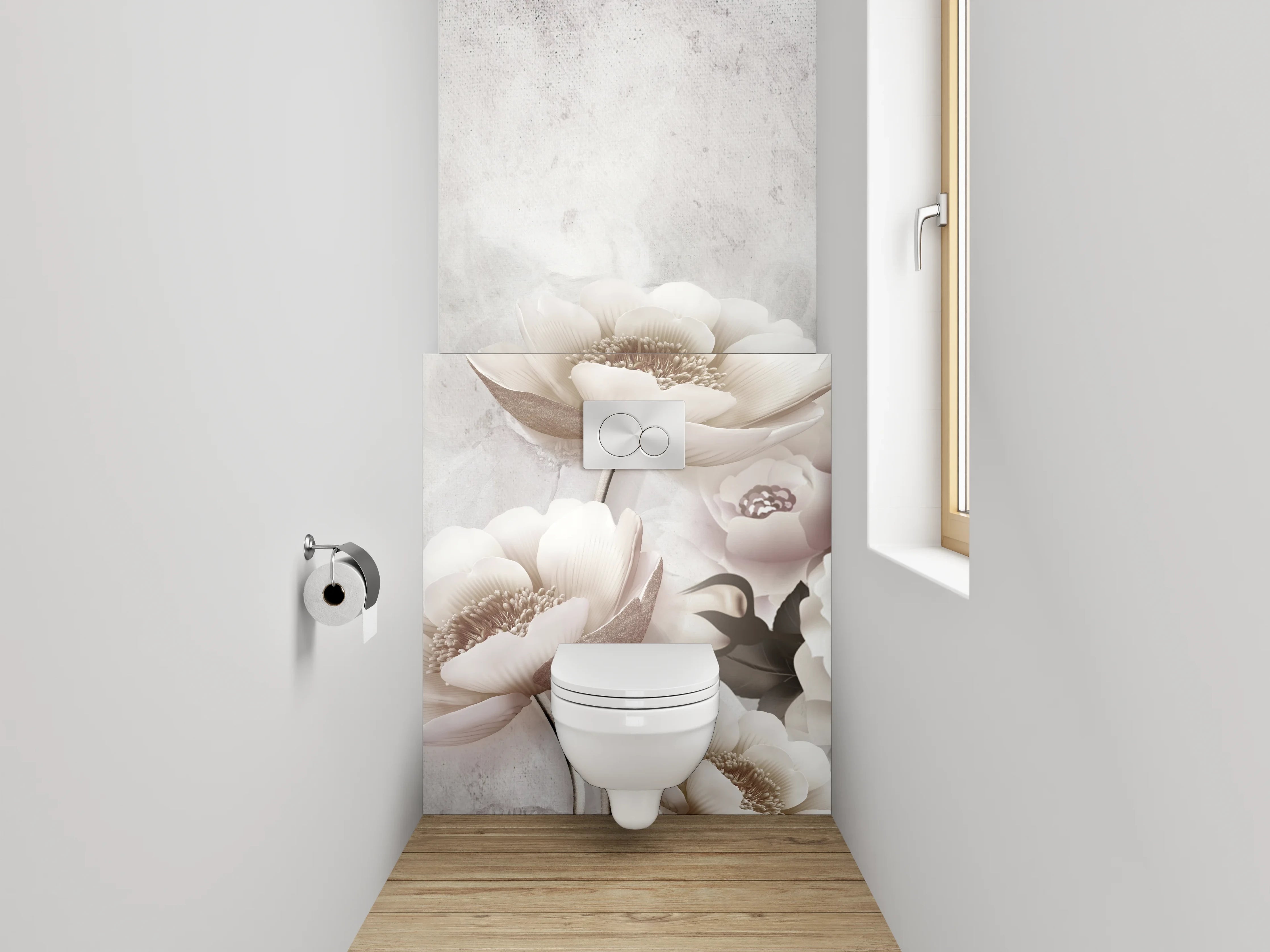 WC-Rückwand - Zarte Blüten in Beige und Weiß