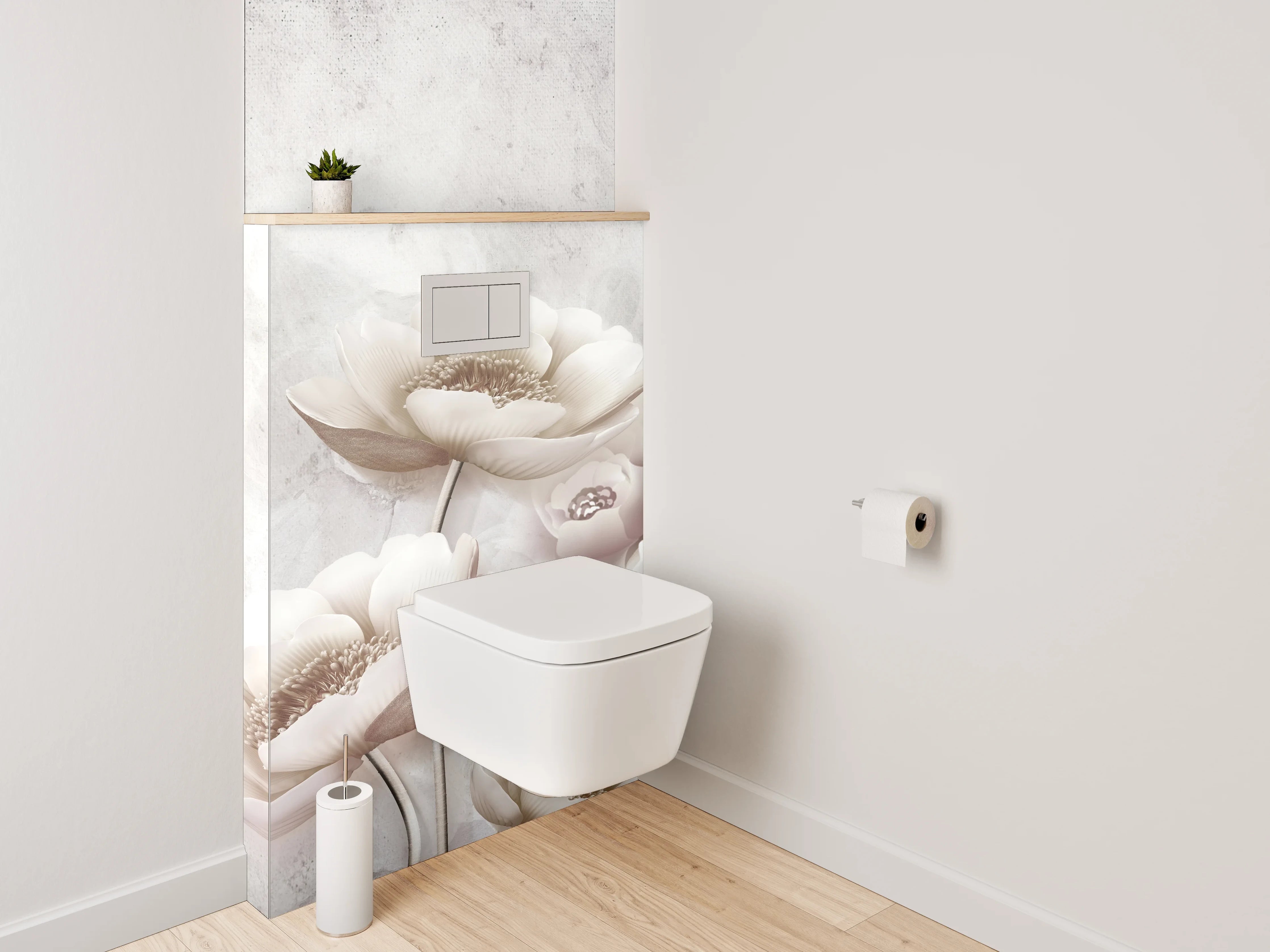 WC-Rückwand - Zarte Blüten in Beige und Weiß