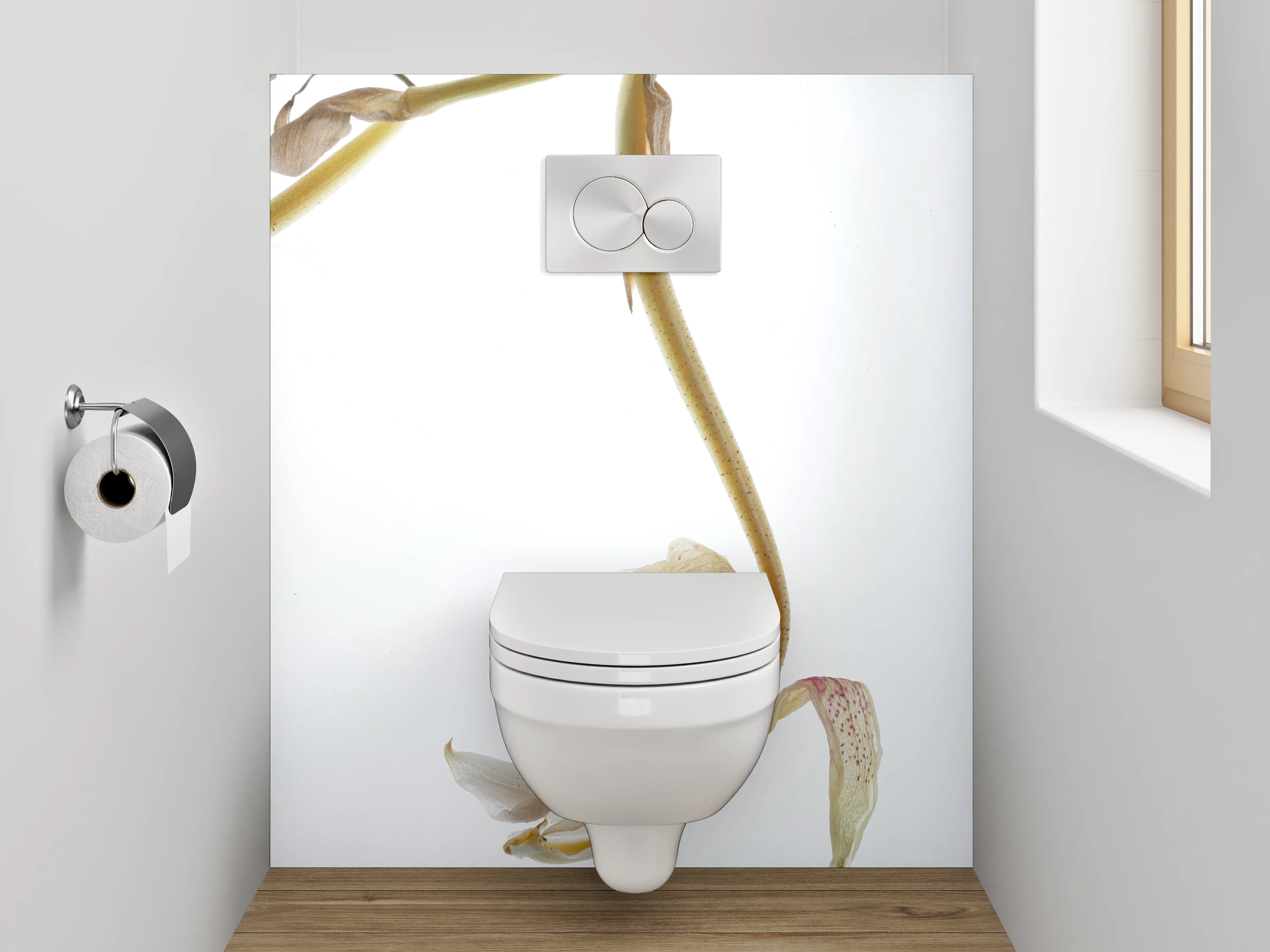 WC-Rückwand - Zarte Blütenkunst auf weißem Grund