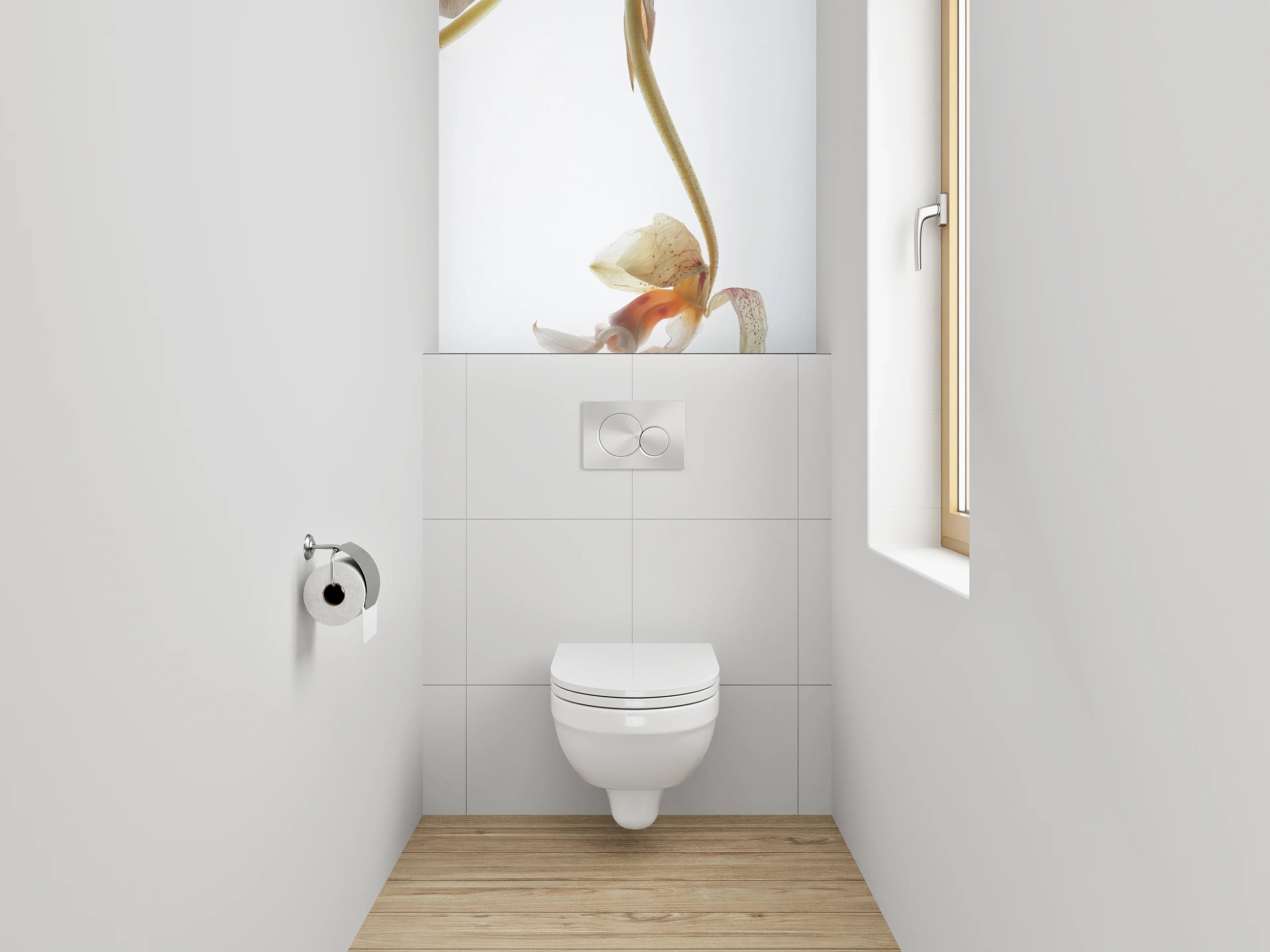 WC-Rückwand - Zarte Blütenkunst auf weißem Grund