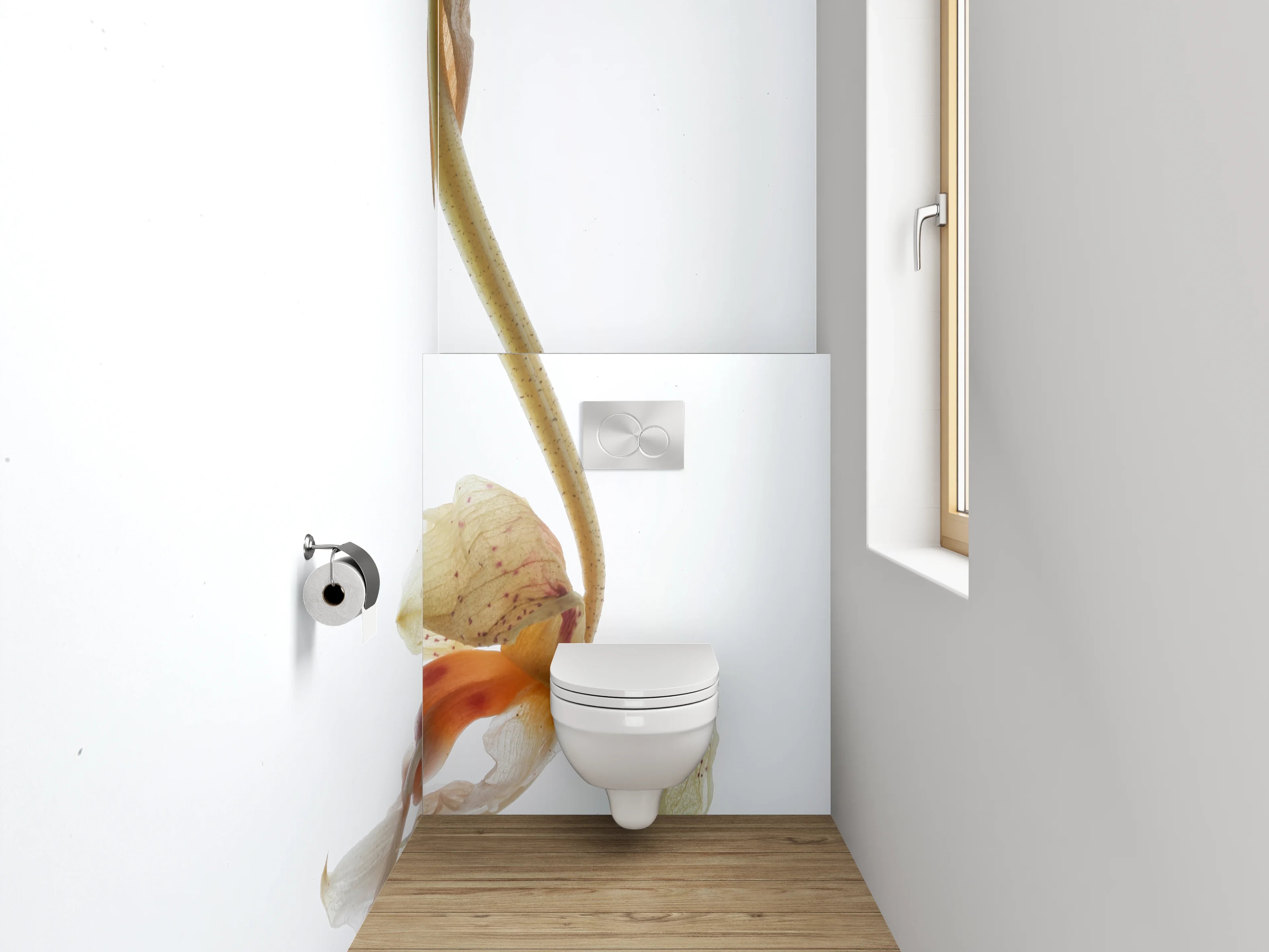 WC-Rückwand - Zarte Blütenkunst auf weißem Grund