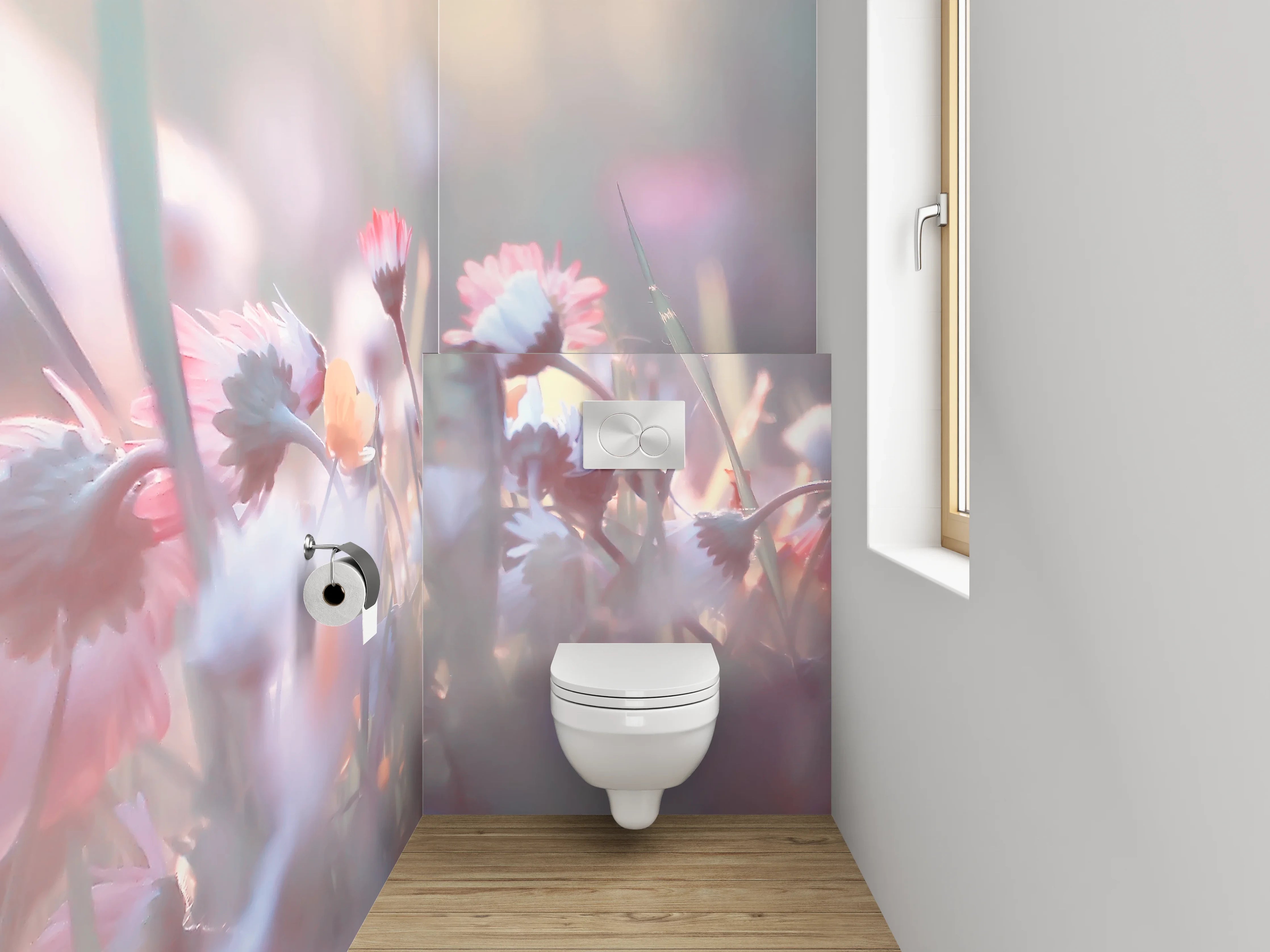 WC-Rückwand - Zarte Blumenwiese im Morgenlicht