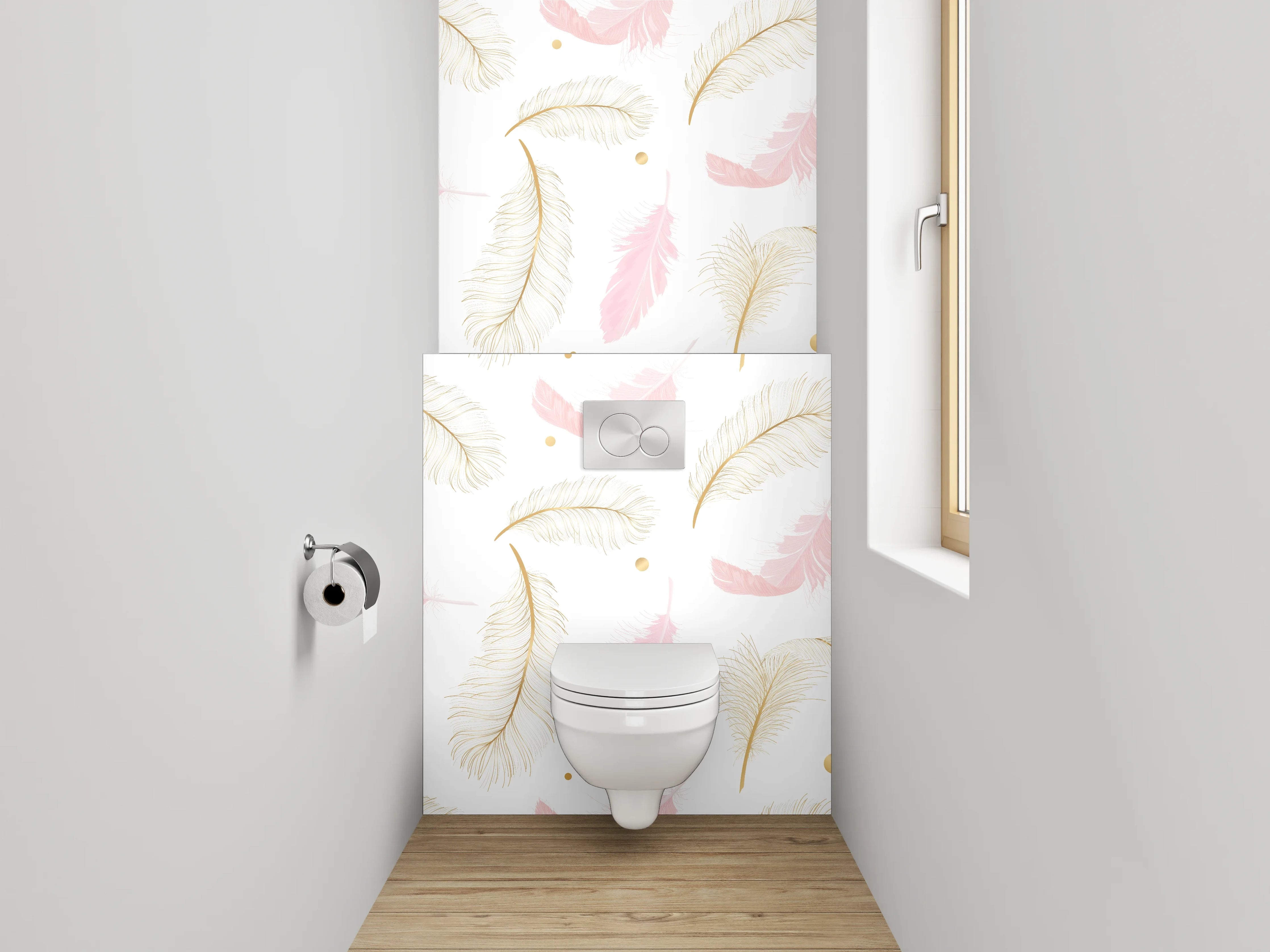 WC-Rückwand - Zarte Feder-Optik auf Weiß-Pink