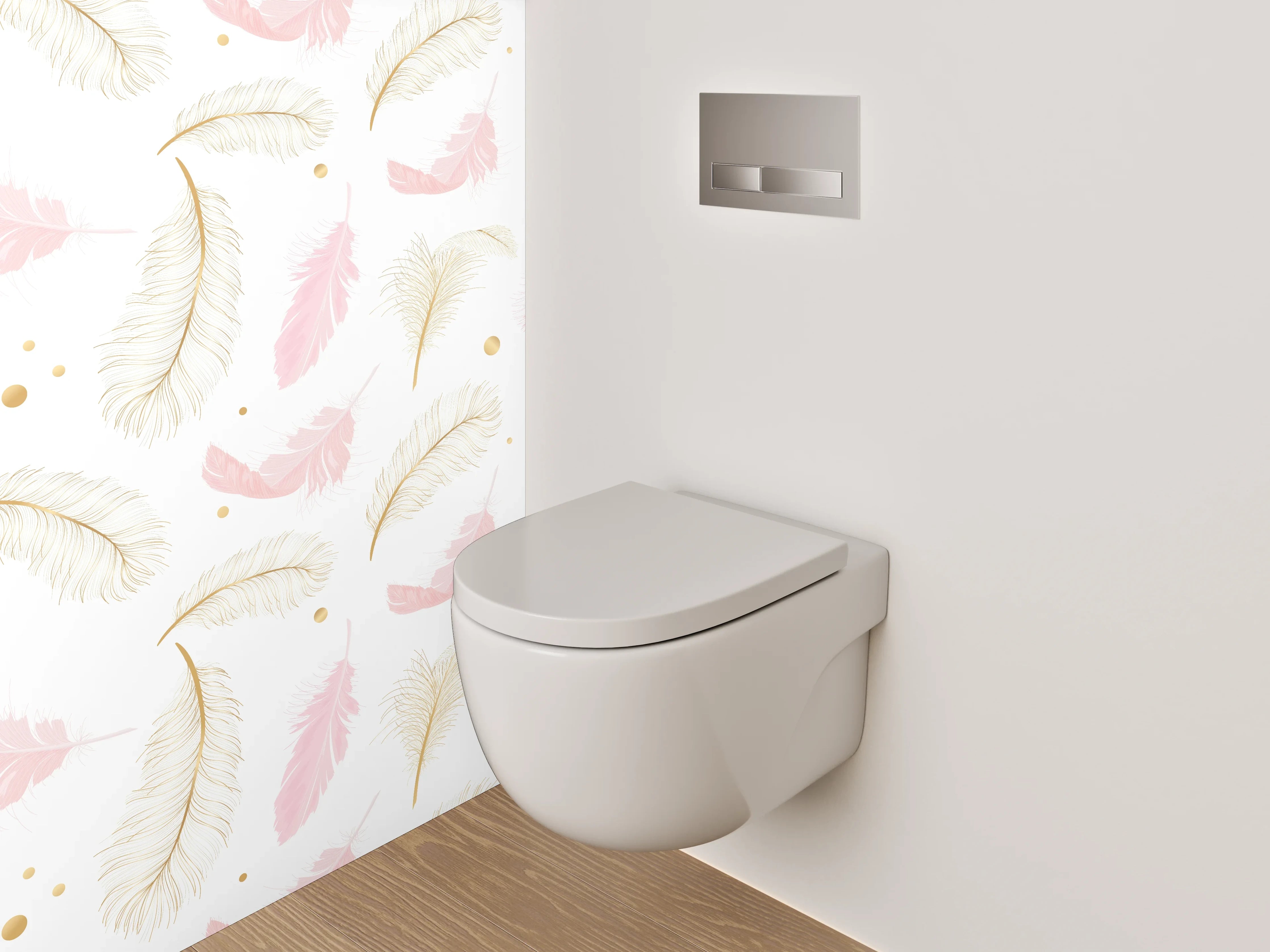 WC-Rückwand - Zarte Feder-Optik auf Weiß-Pink