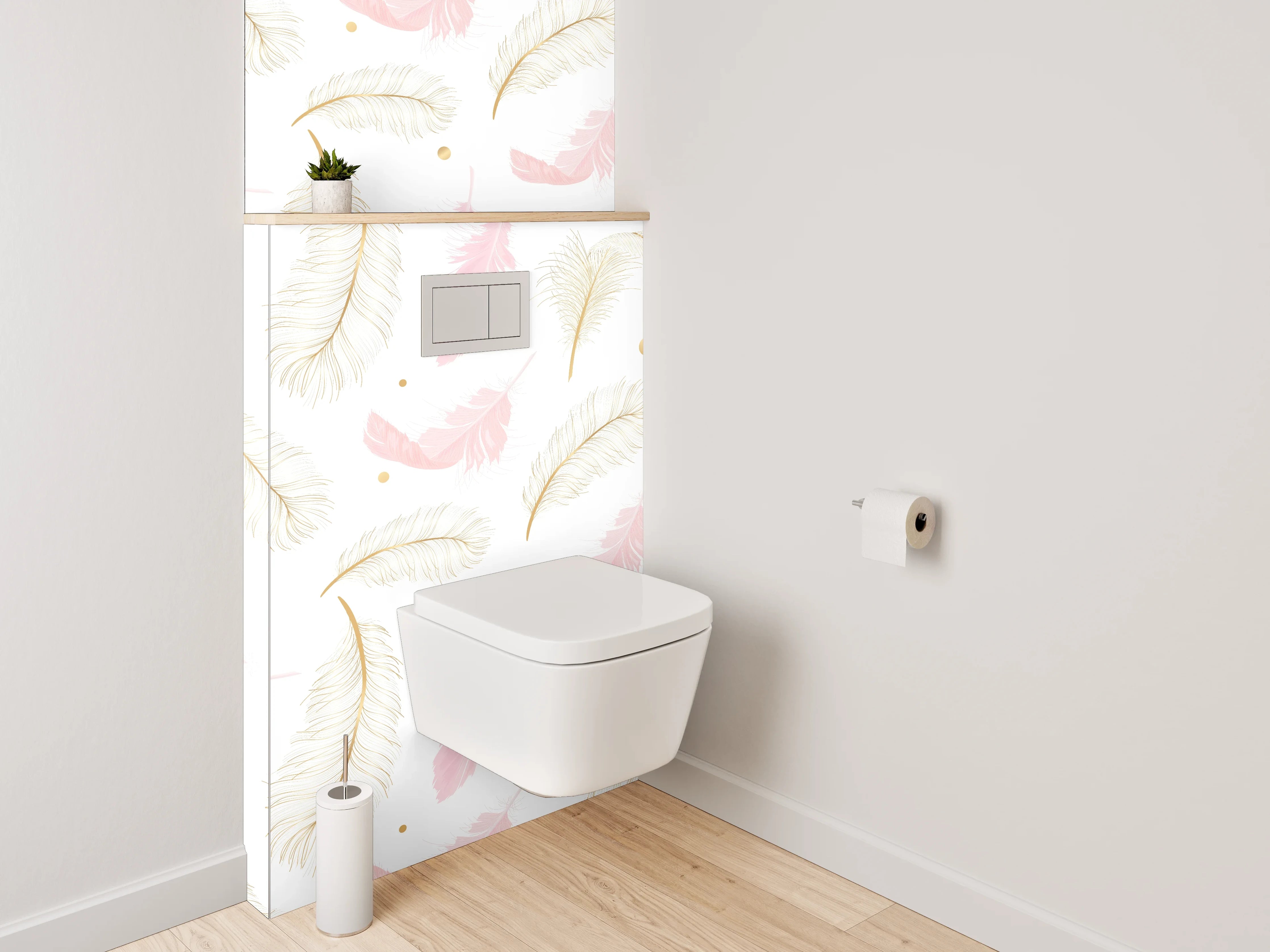 WC-Rückwand - Zarte Feder-Optik auf Weiß-Pink