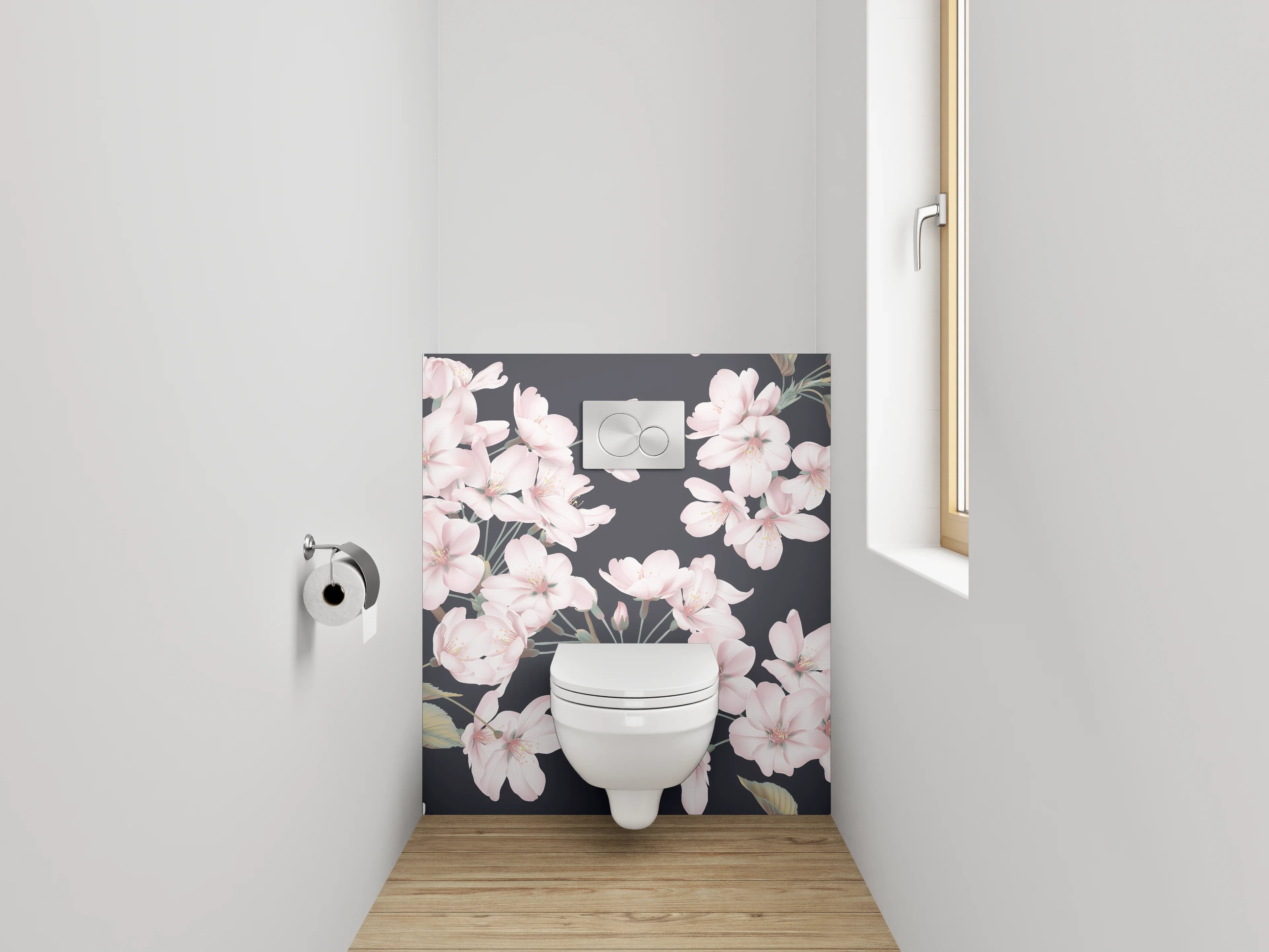 WC-Rückwand - Zarte Kirschblüten auf dunklem Grund