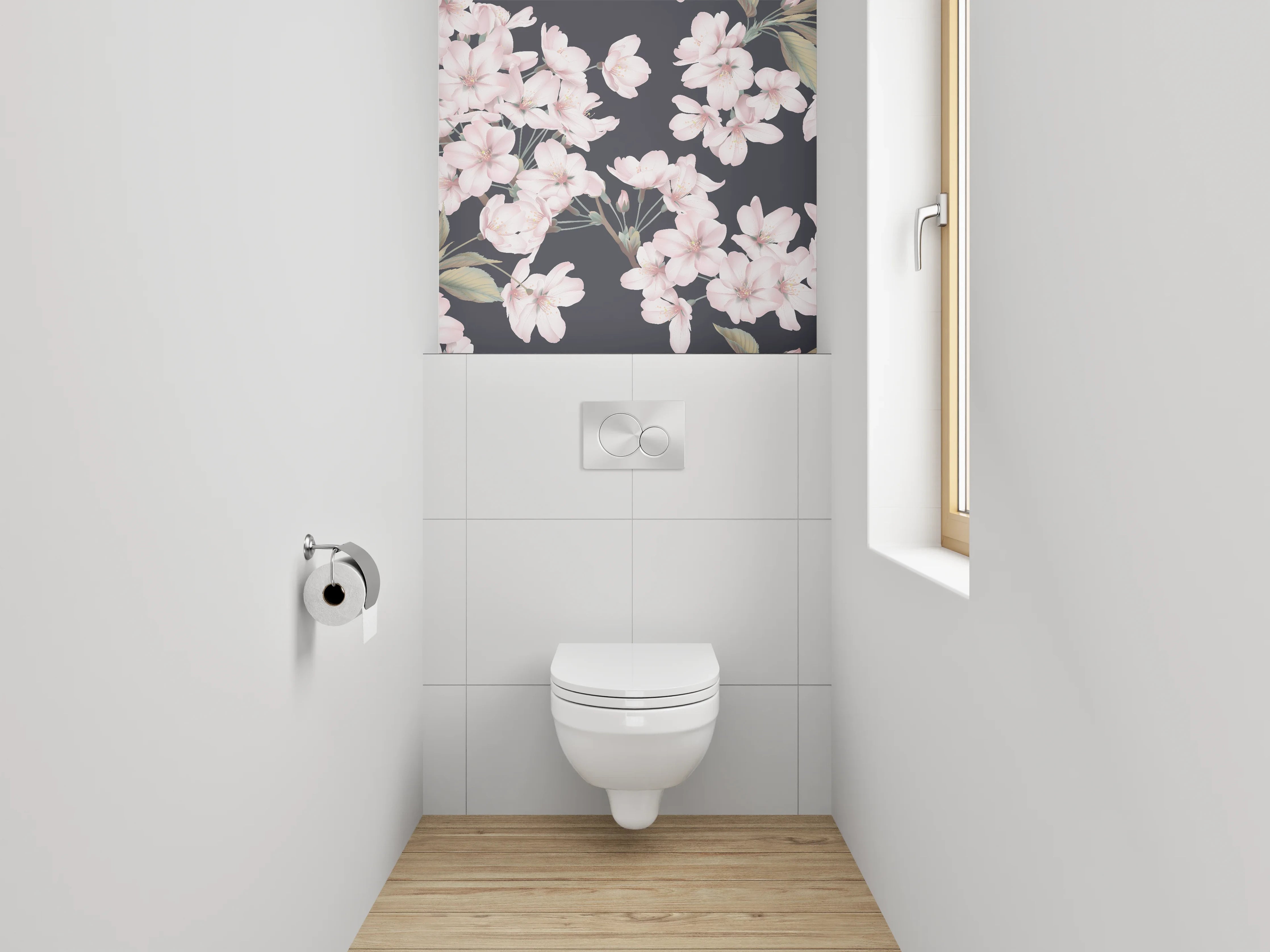 WC-Rückwand - Zarte Kirschblüten auf dunklem Grund