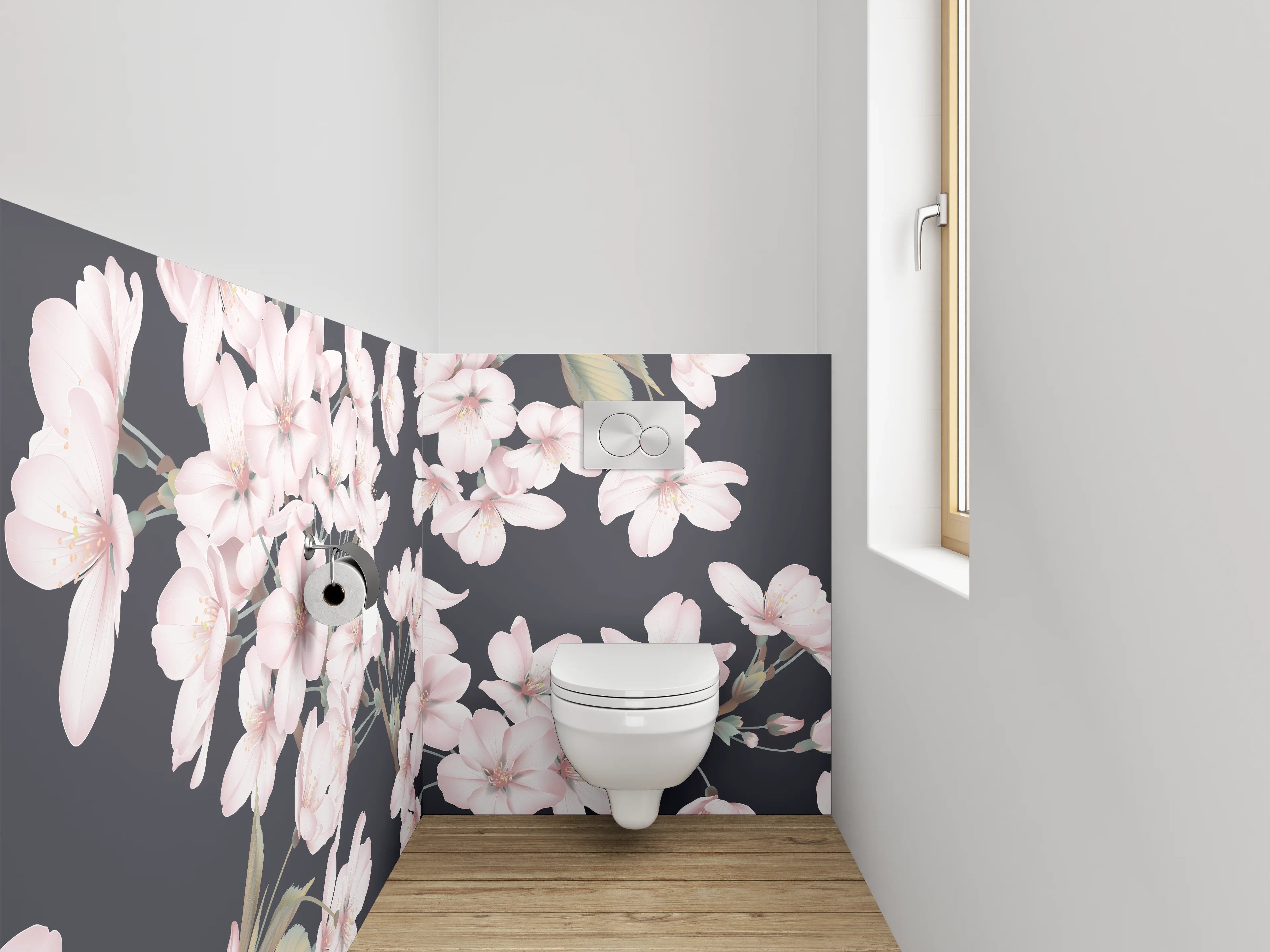 WC-Rückwand - Zarte Kirschblüten auf dunklem Grund