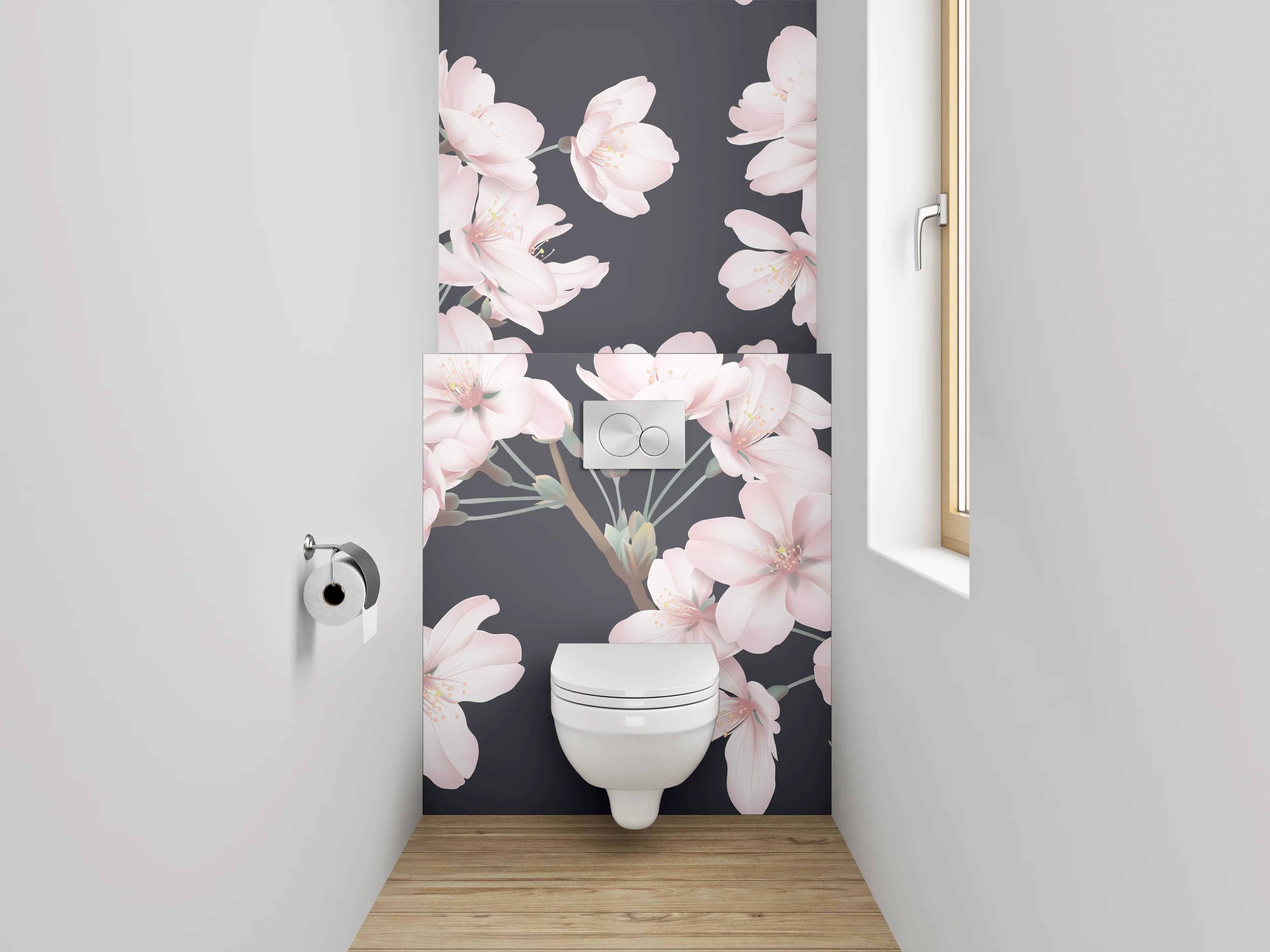 WC-Rückwand - Zarte Kirschblüten auf dunklem Grund