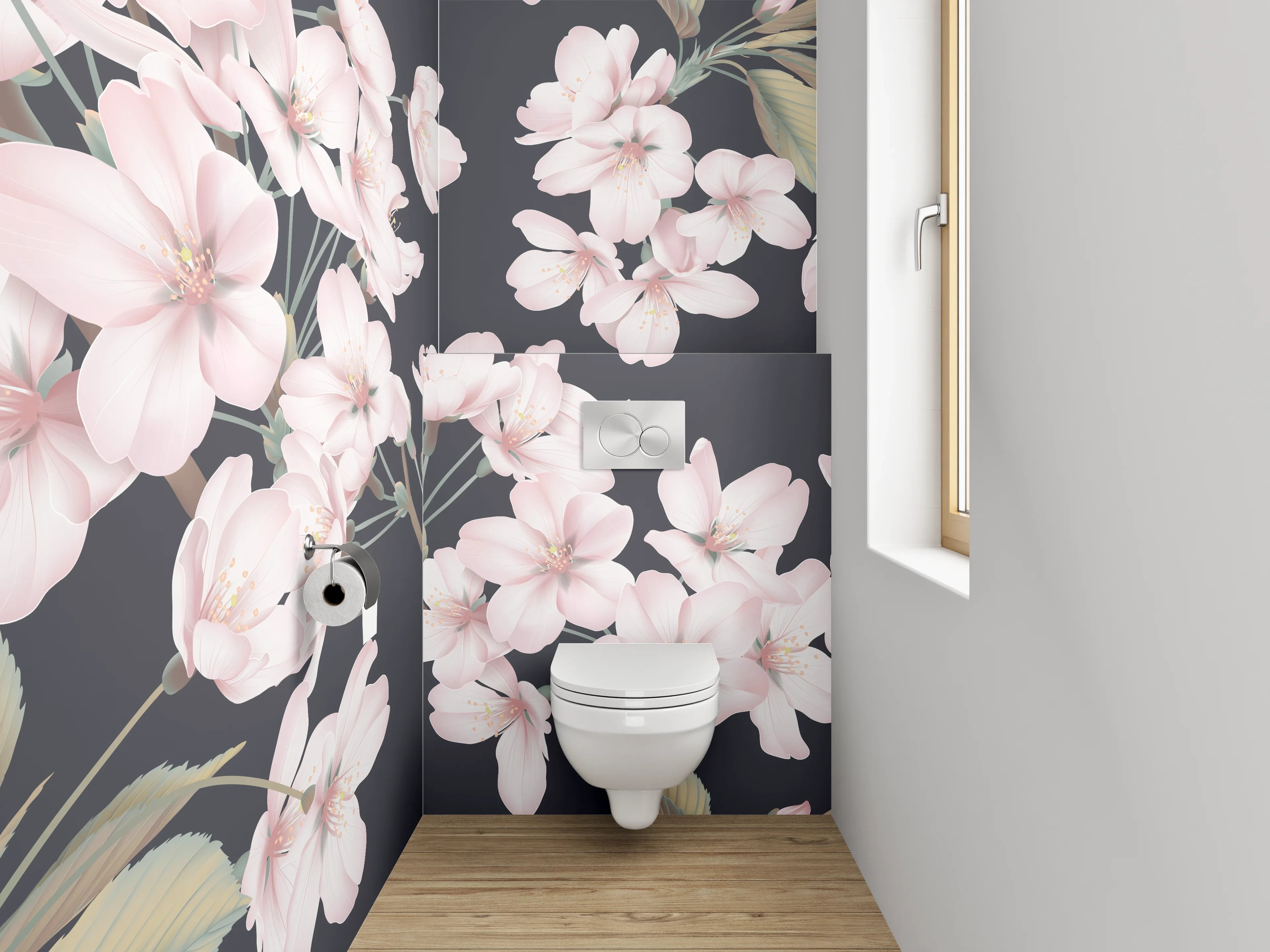 WC-Rückwand - Zarte Kirschblüten auf dunklem Grund