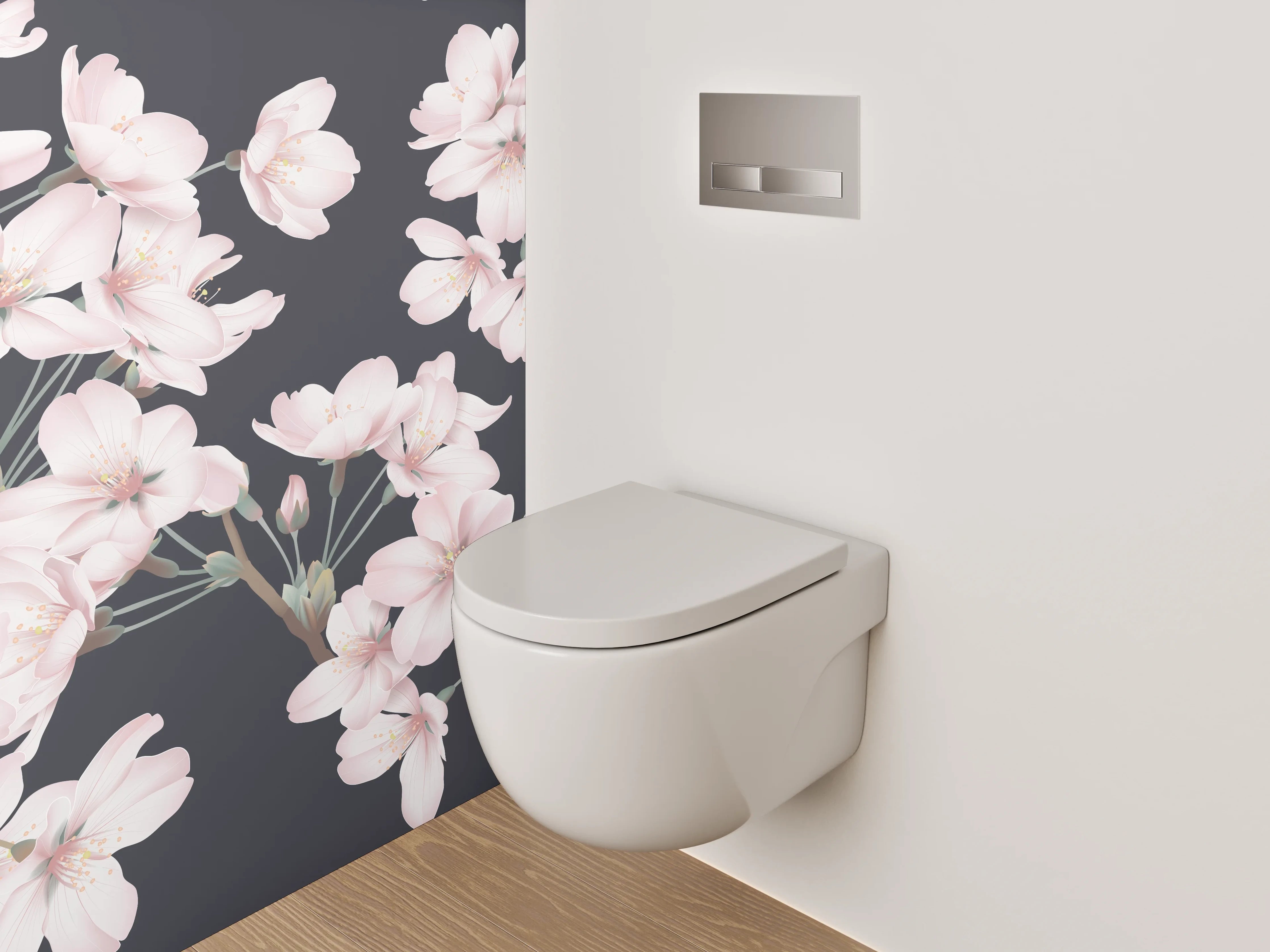 WC-Rückwand - Zarte Kirschblüten auf dunklem Grund