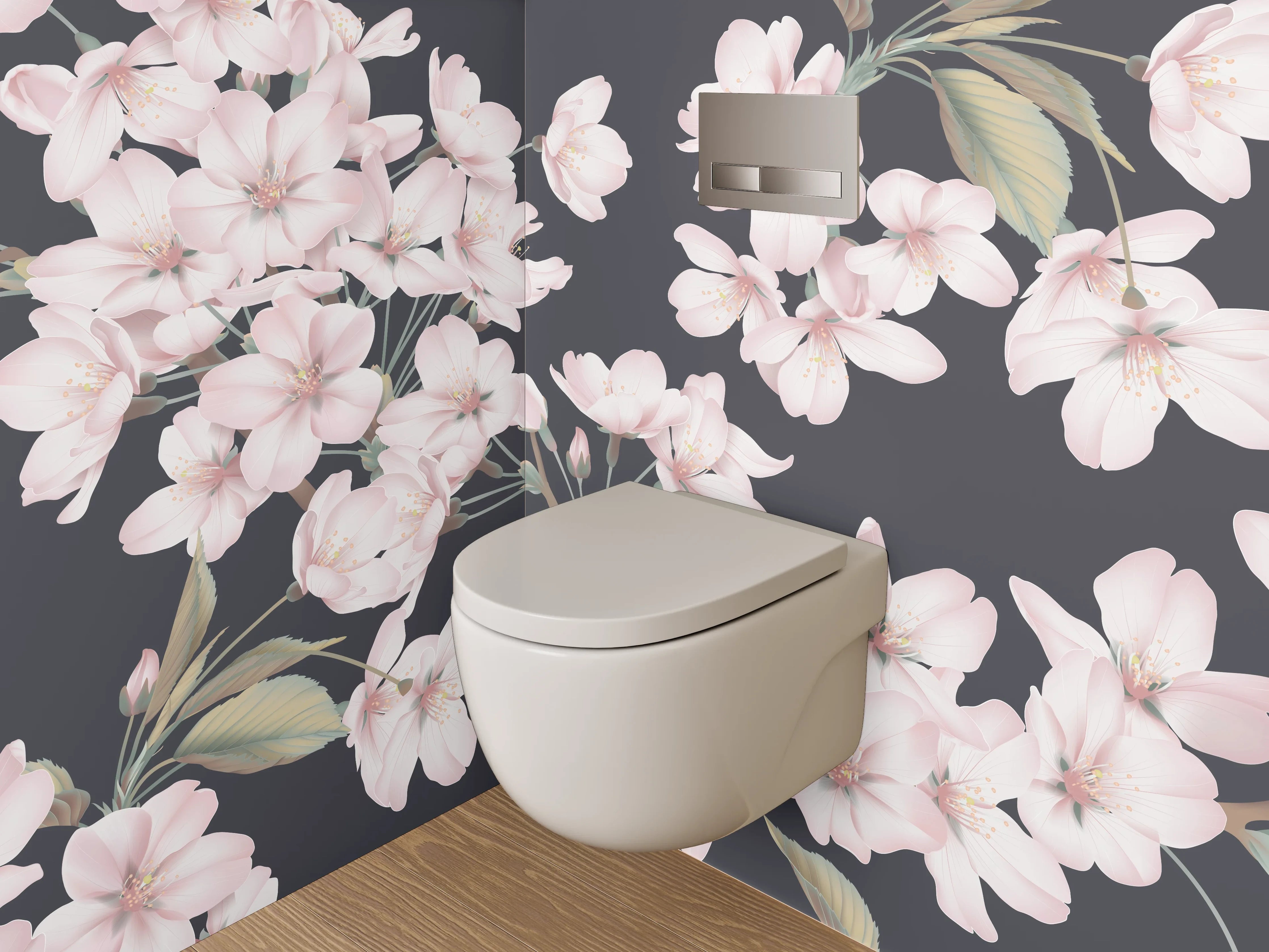 WC-Rückwand - Zarte Kirschblüten auf dunklem Grund