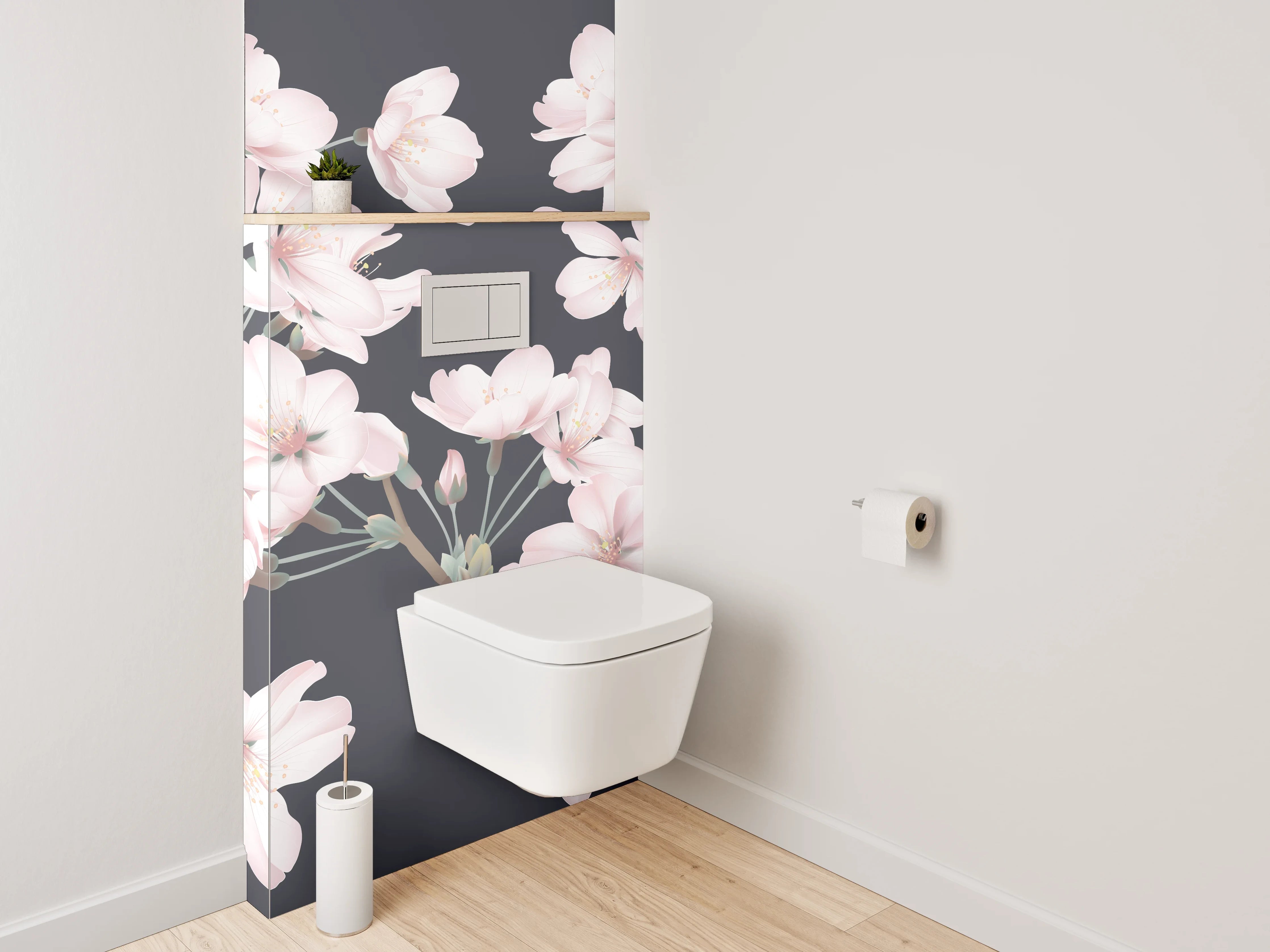 WC-Rückwand - Zarte Kirschblüten auf dunklem Grund