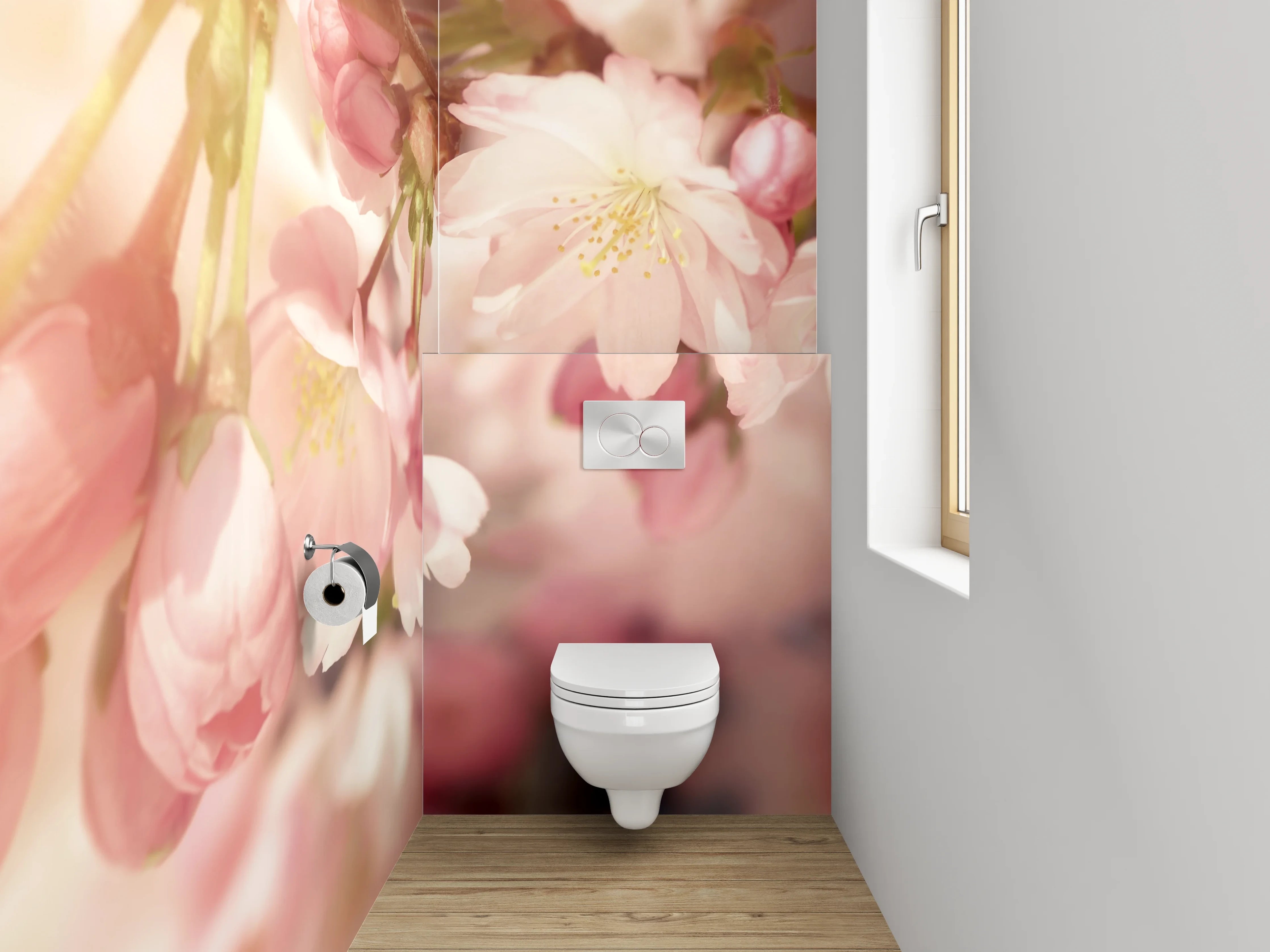 WC-Rückwand - Zarte Kirschblüten bei Sonnenaufgang