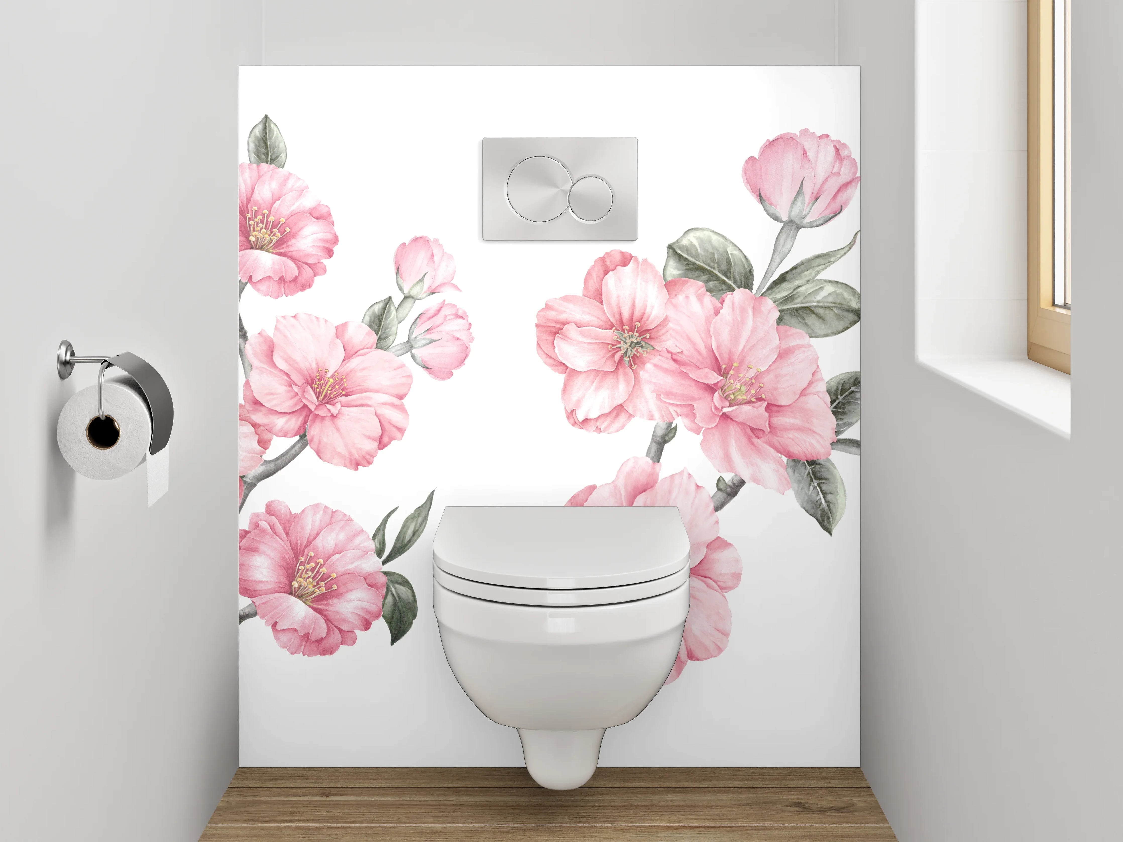 WC-Rückwand - Zarte Kirschblüten in Rosé und Grau