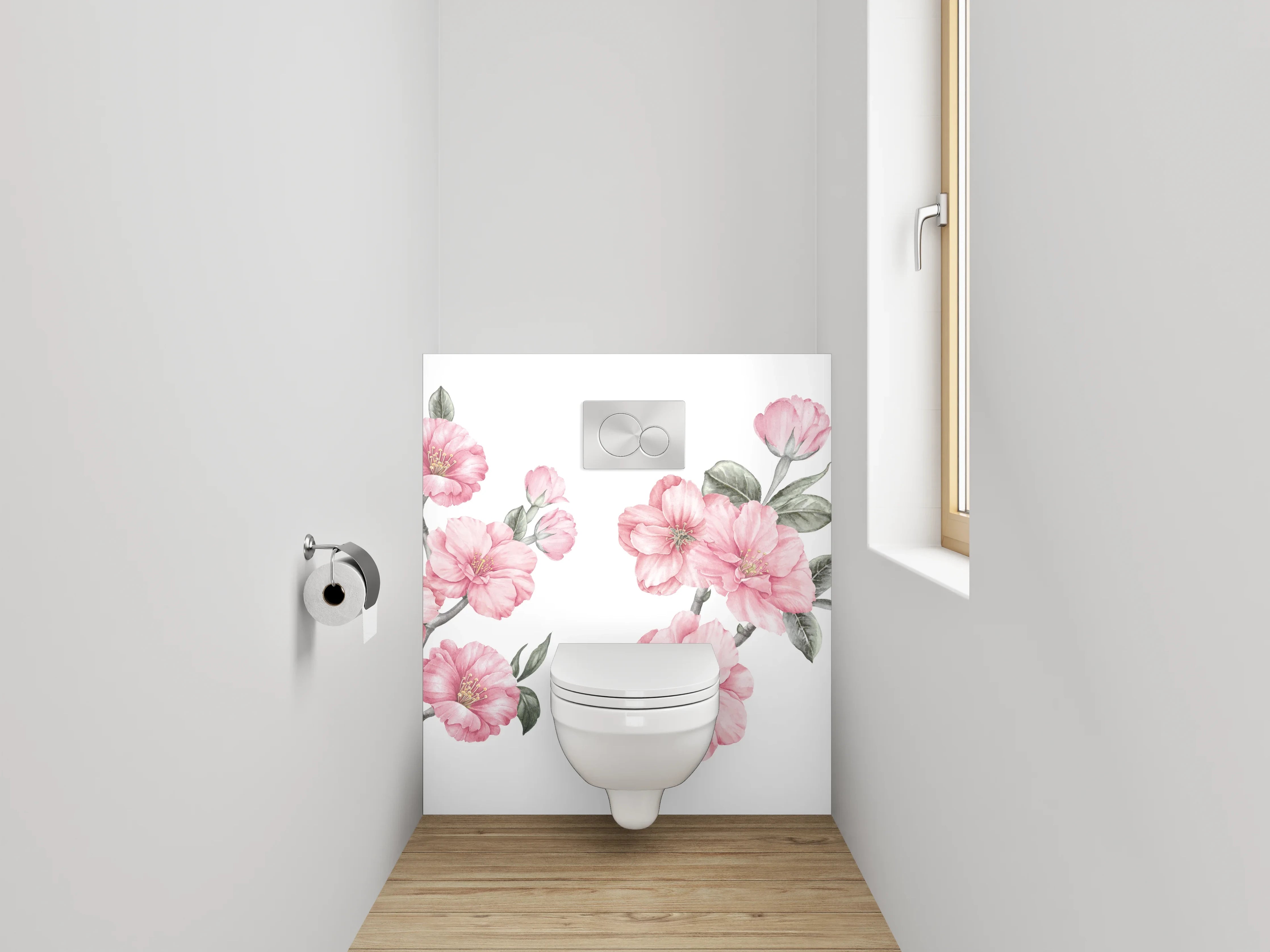 WC-Rückwand - Zarte Kirschblüten in Rosé und Grau