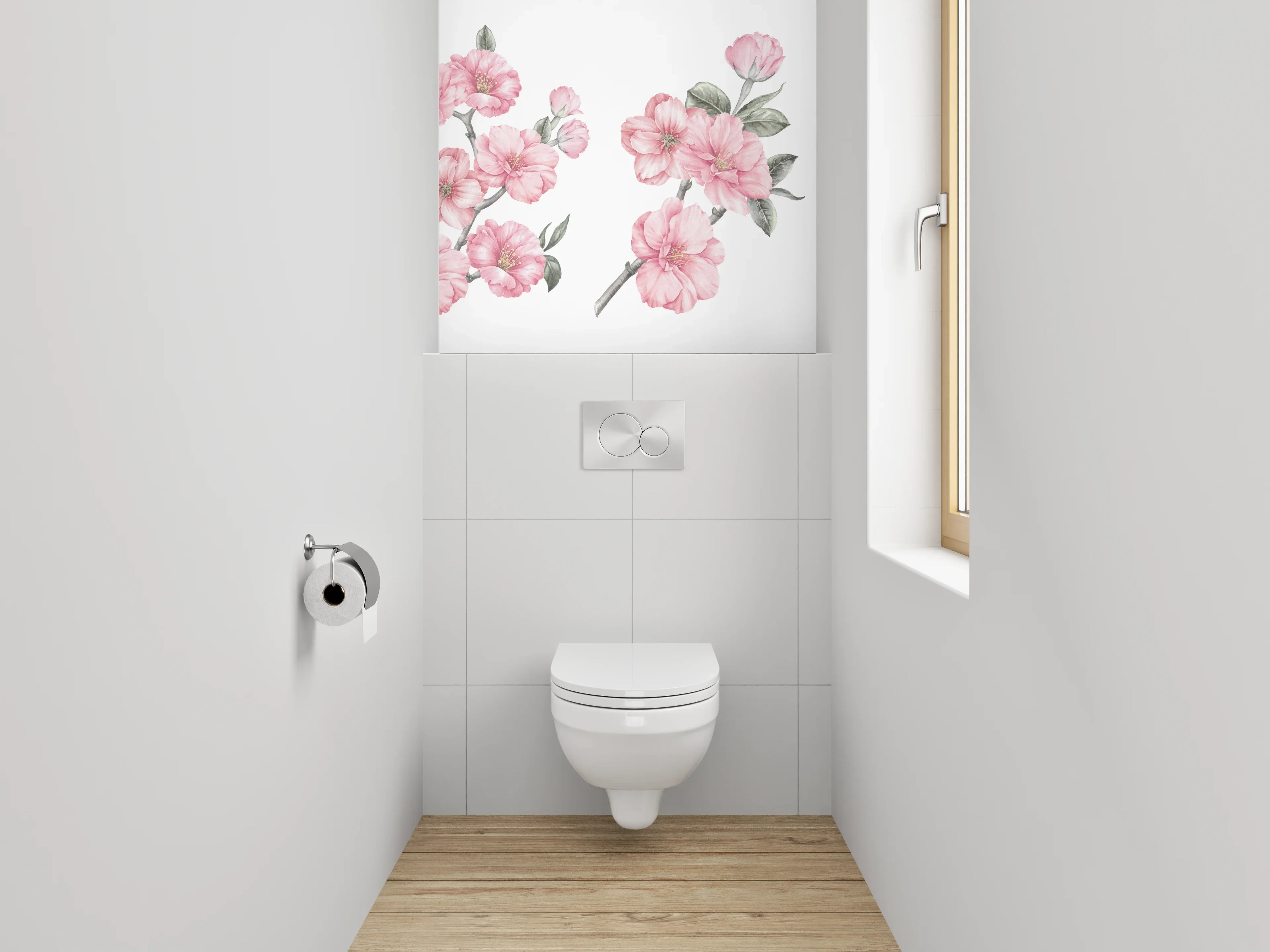 WC-Rückwand - Zarte Kirschblüten in Rosé und Grau