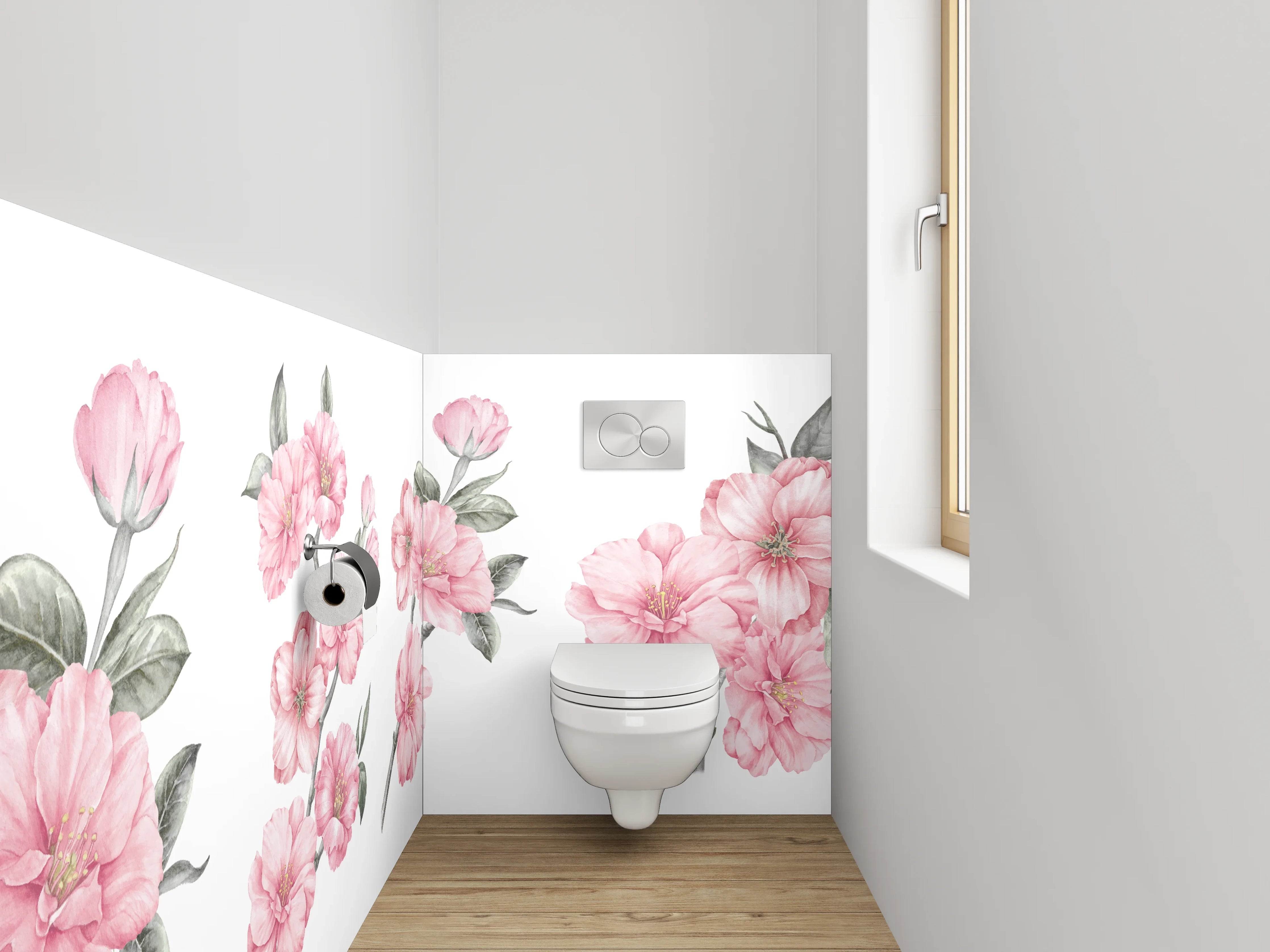 WC-Rückwand - Zarte Kirschblüten in Rosé und Grau
