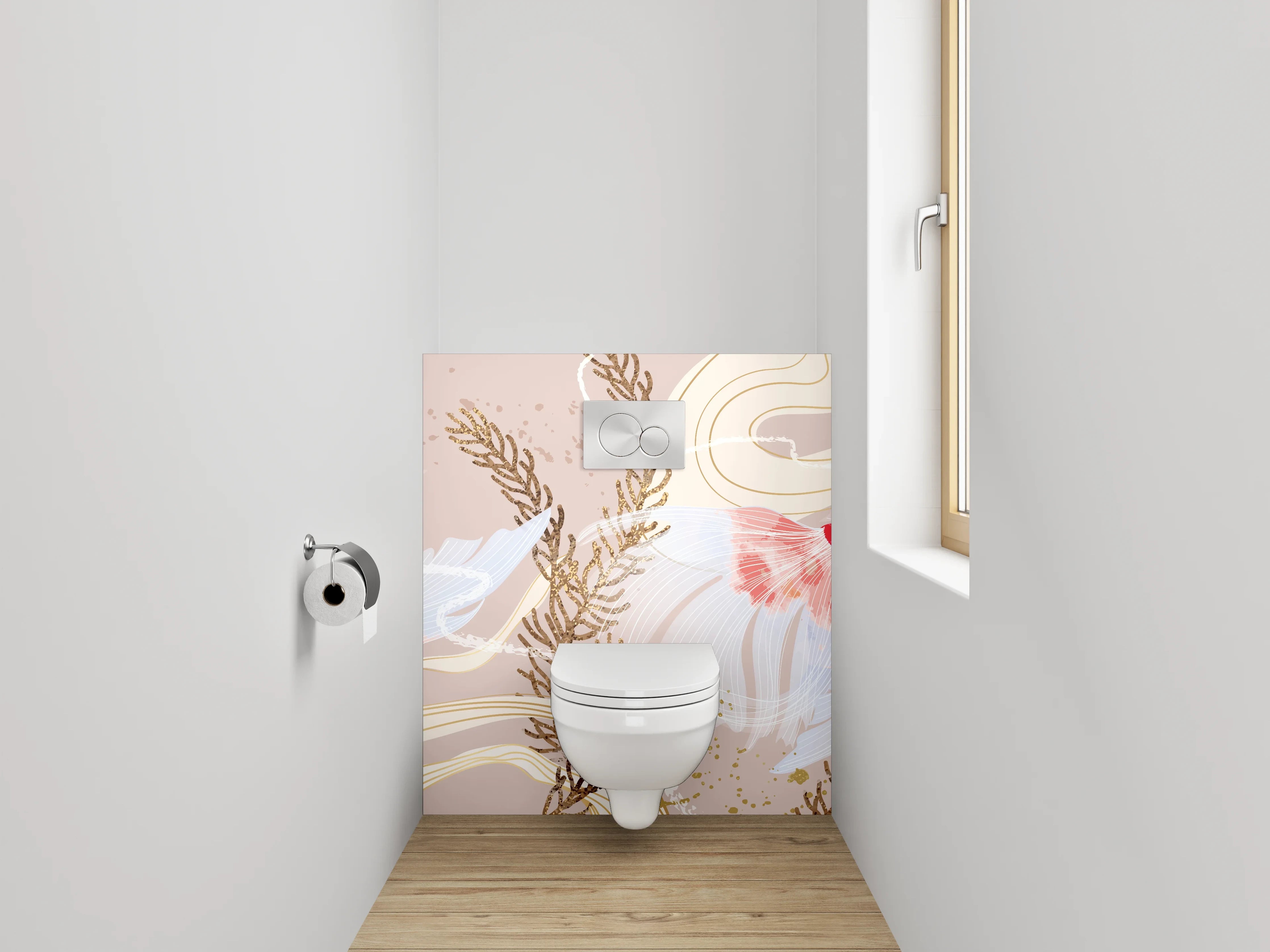 WC-Rückwand - Zarte Koi-Illustration mit Wasserpflanzen
