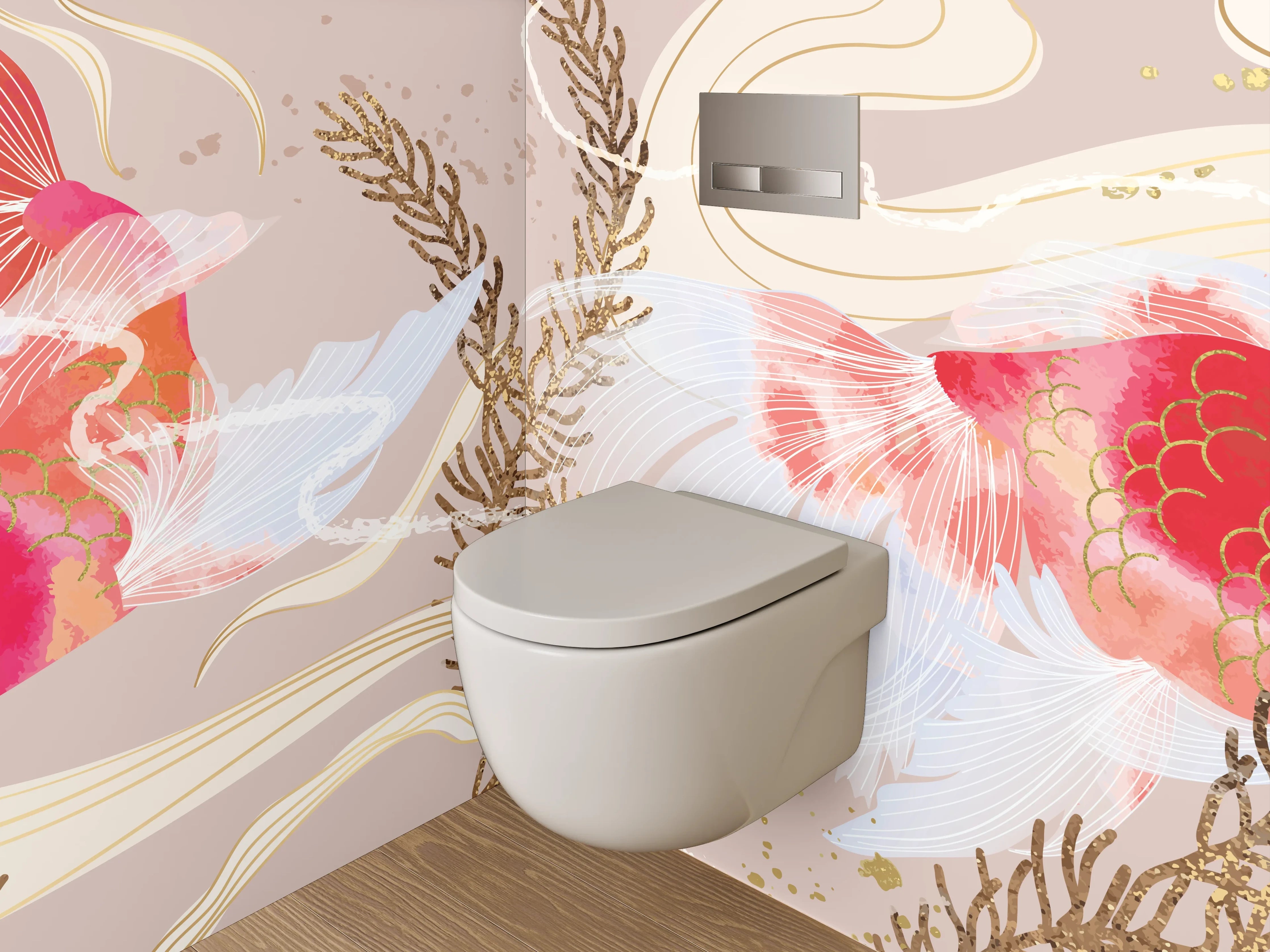 WC-Rückwand - Zarte Koi-Illustration mit Wasserpflanzen
