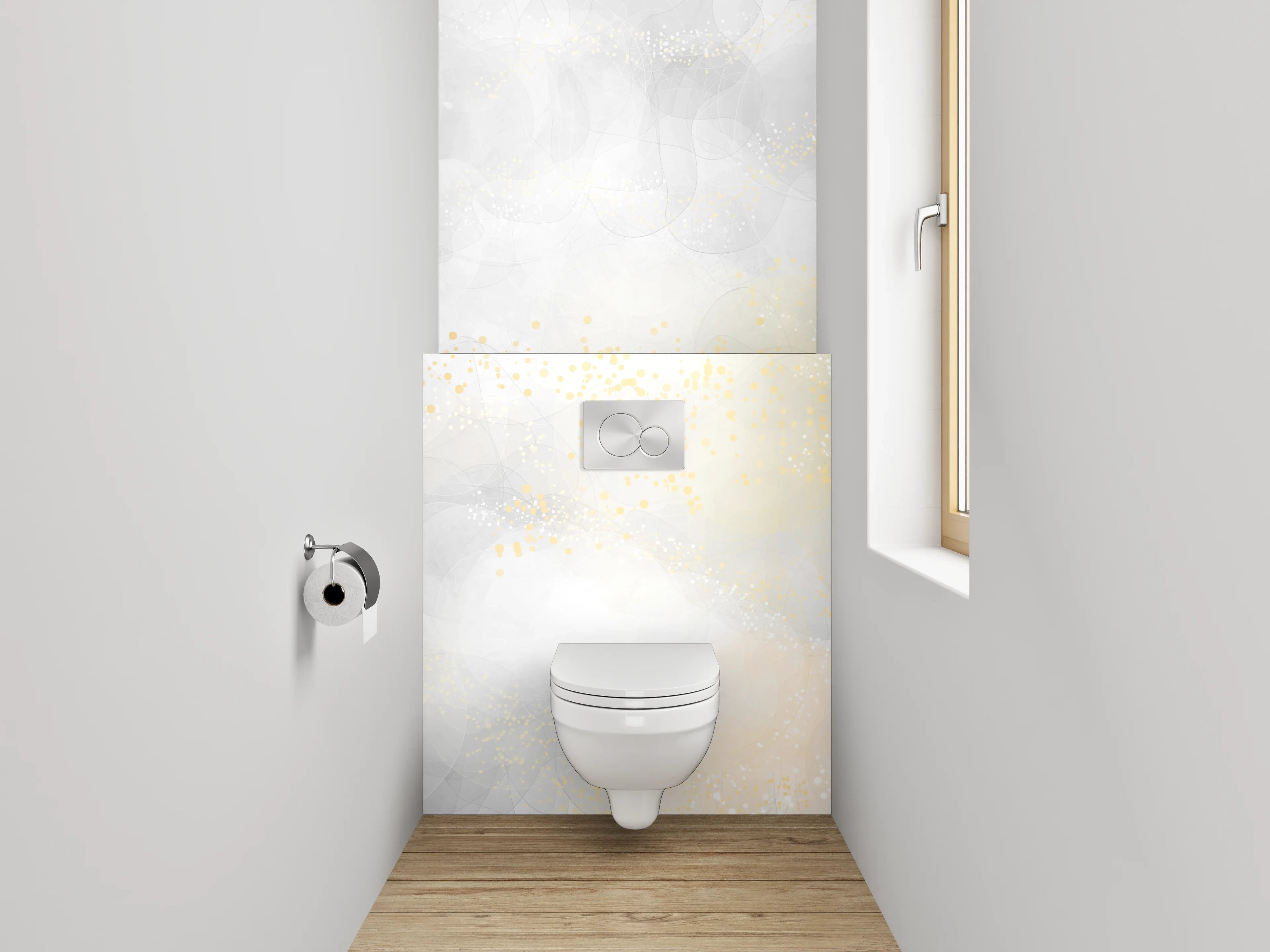 WC-Rückwand - Zarte abstrakte Goldakzente auf Weiß