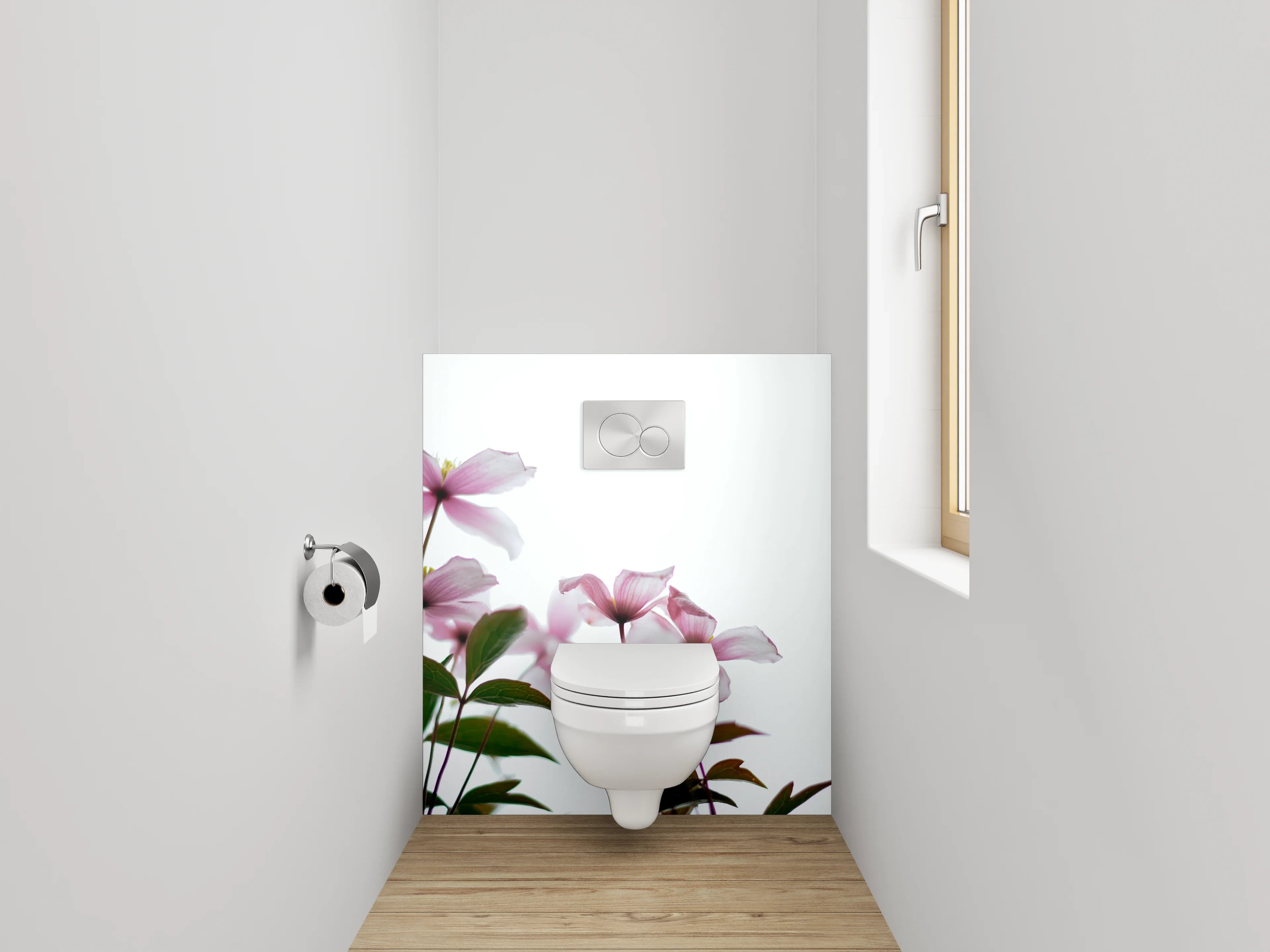 WC-Rückwand - Zarte rosa Blüten vor hellem Himmel