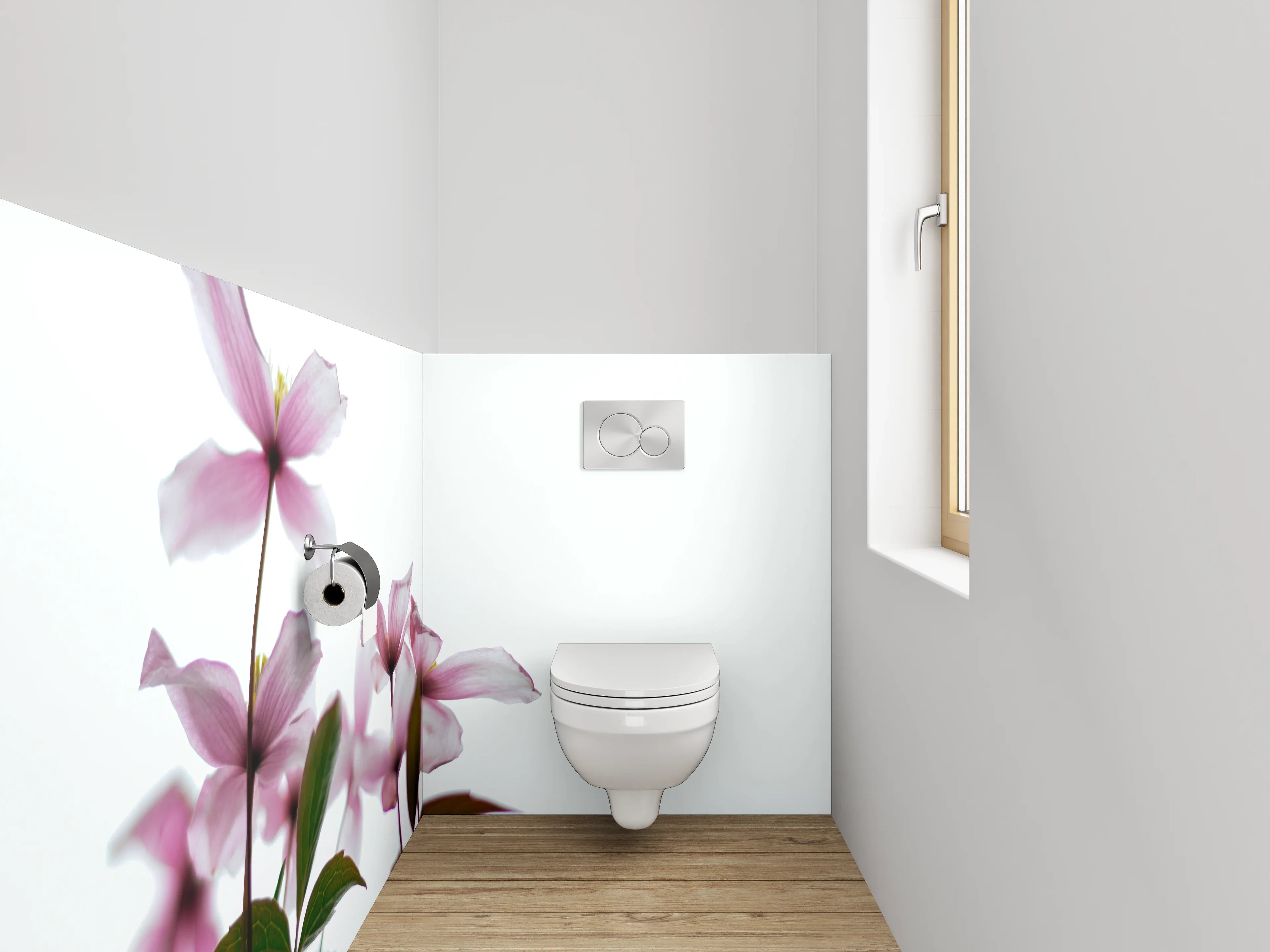 WC-Rückwand - Zarte rosa Blüten vor hellem Himmel