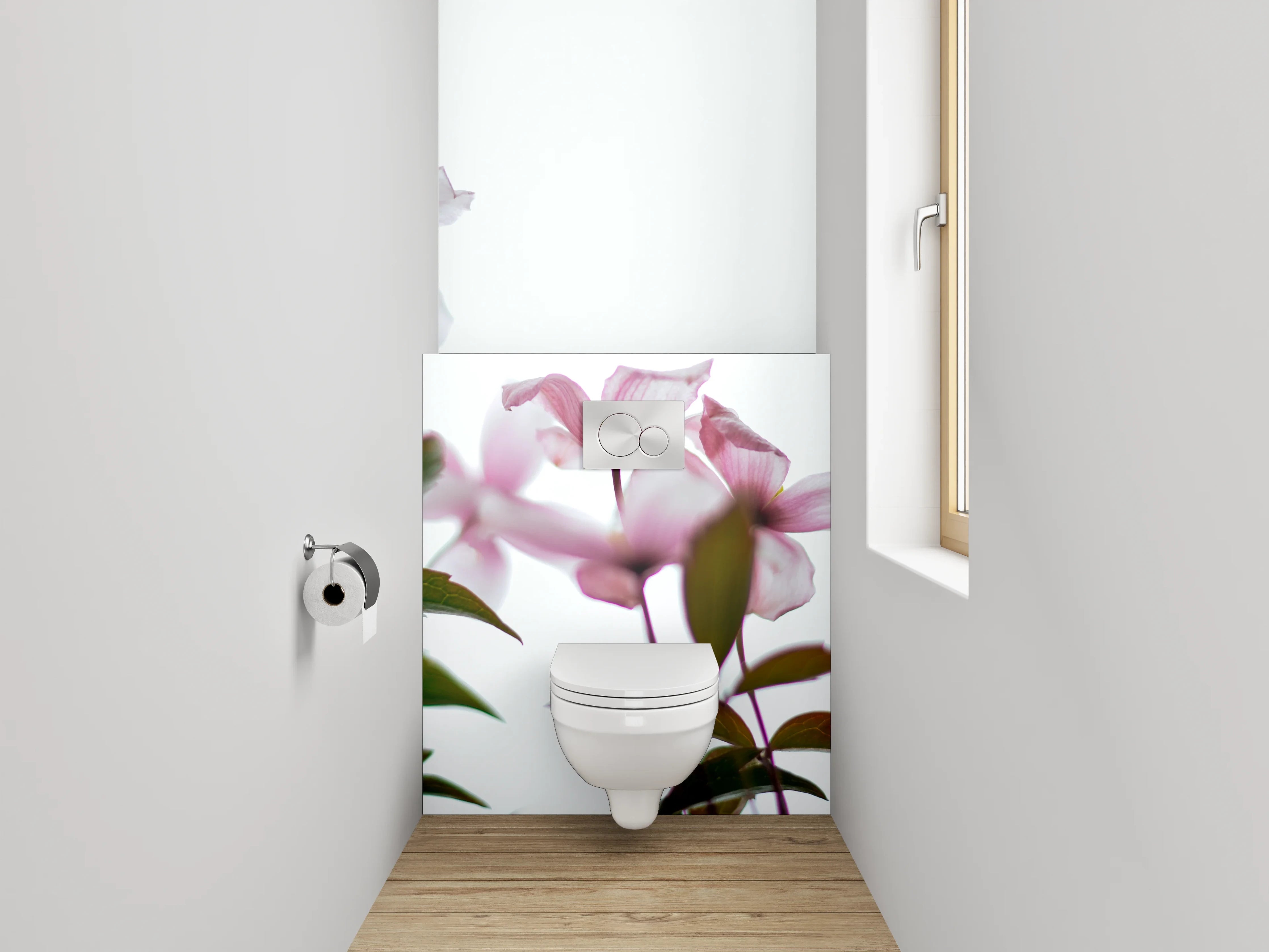 WC-Rückwand - Zarte rosa Blüten vor hellem Himmel