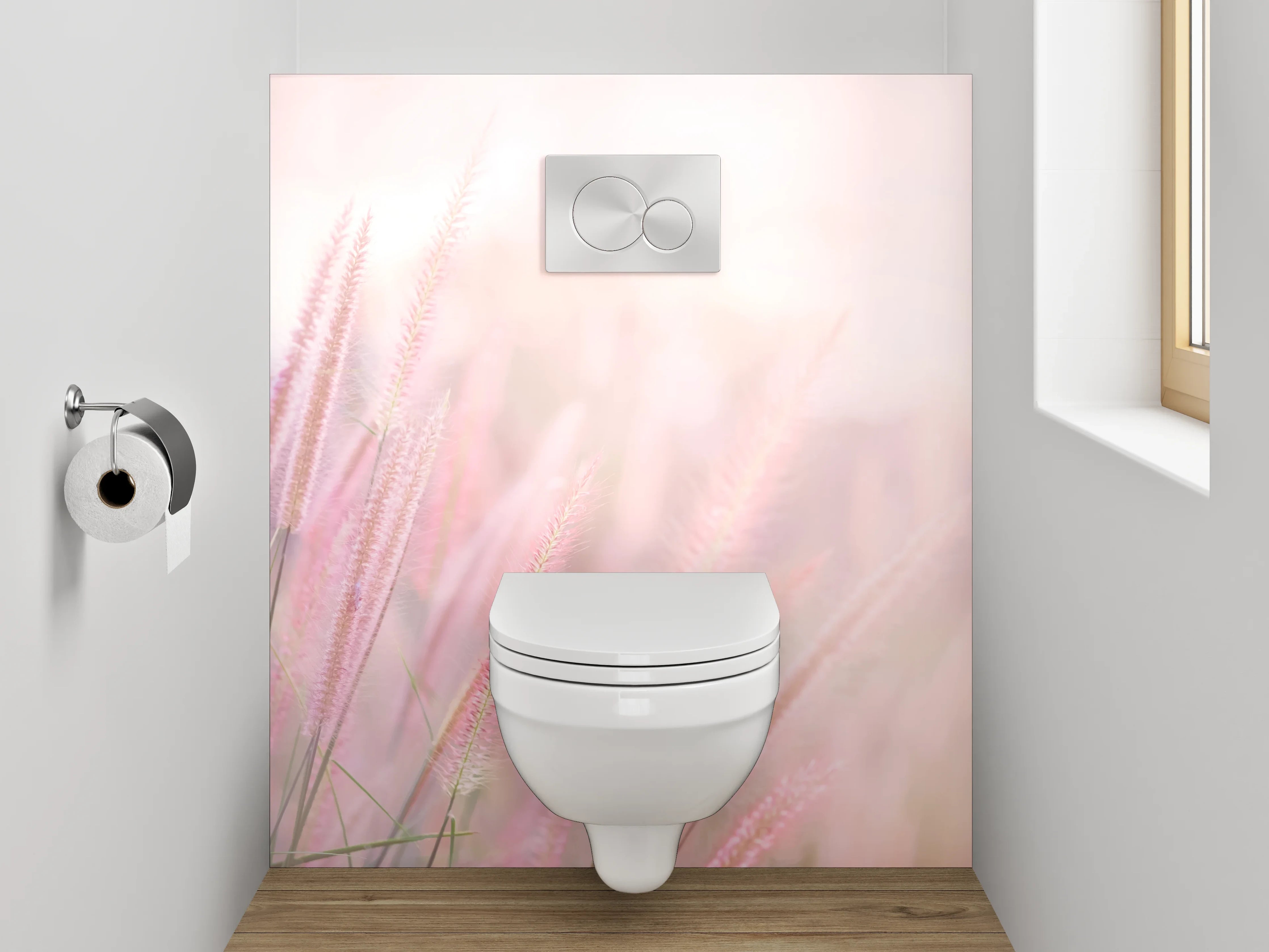 WC-Rückwand - Zarte rosa Gräser im Morgenlicht