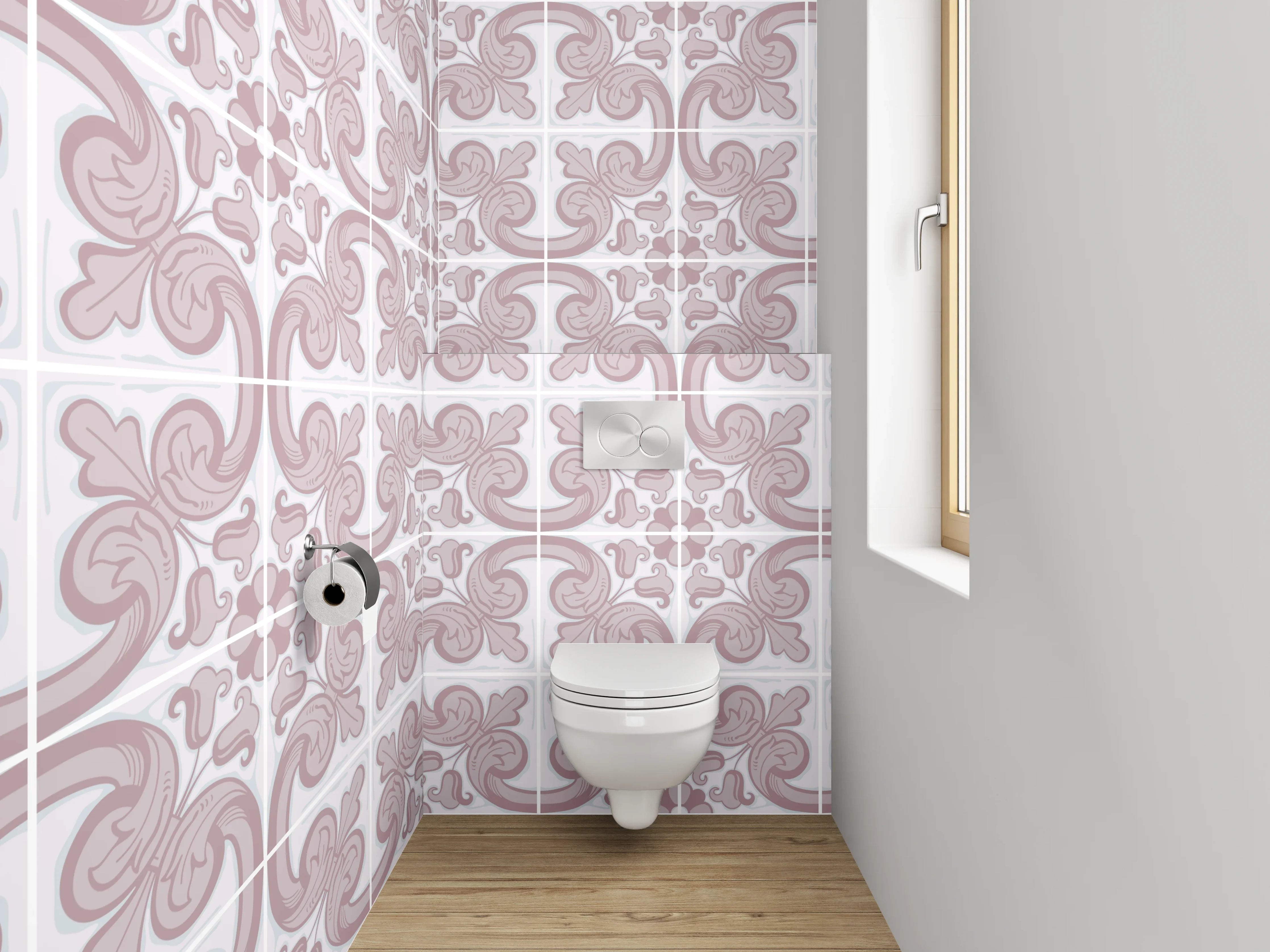 WC-Rückwand - Zartes Ornament Muster Rosa Weiß