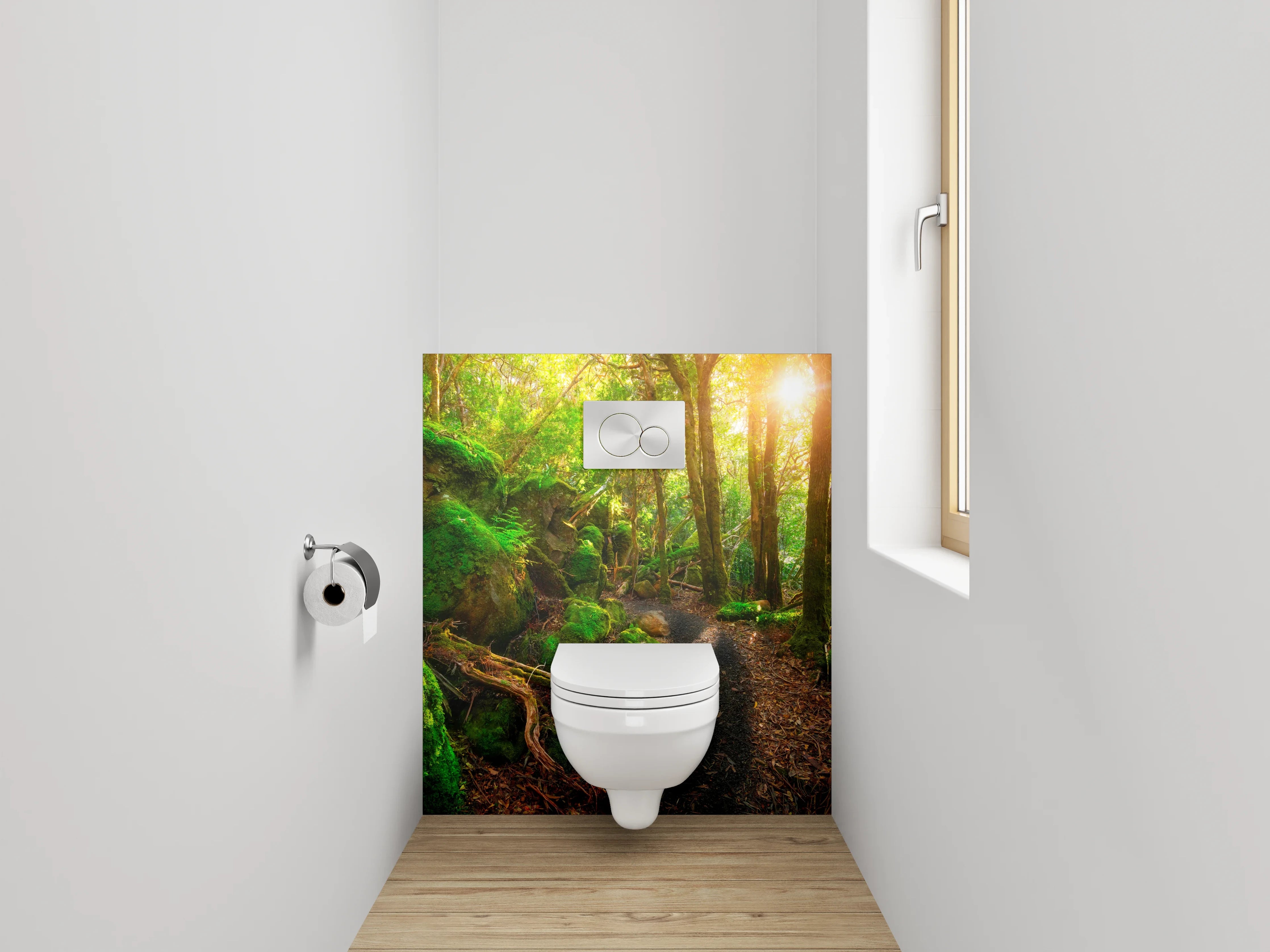 WC-Rückwand - Zauberhafter Waldweg bei Sonnenaufgang