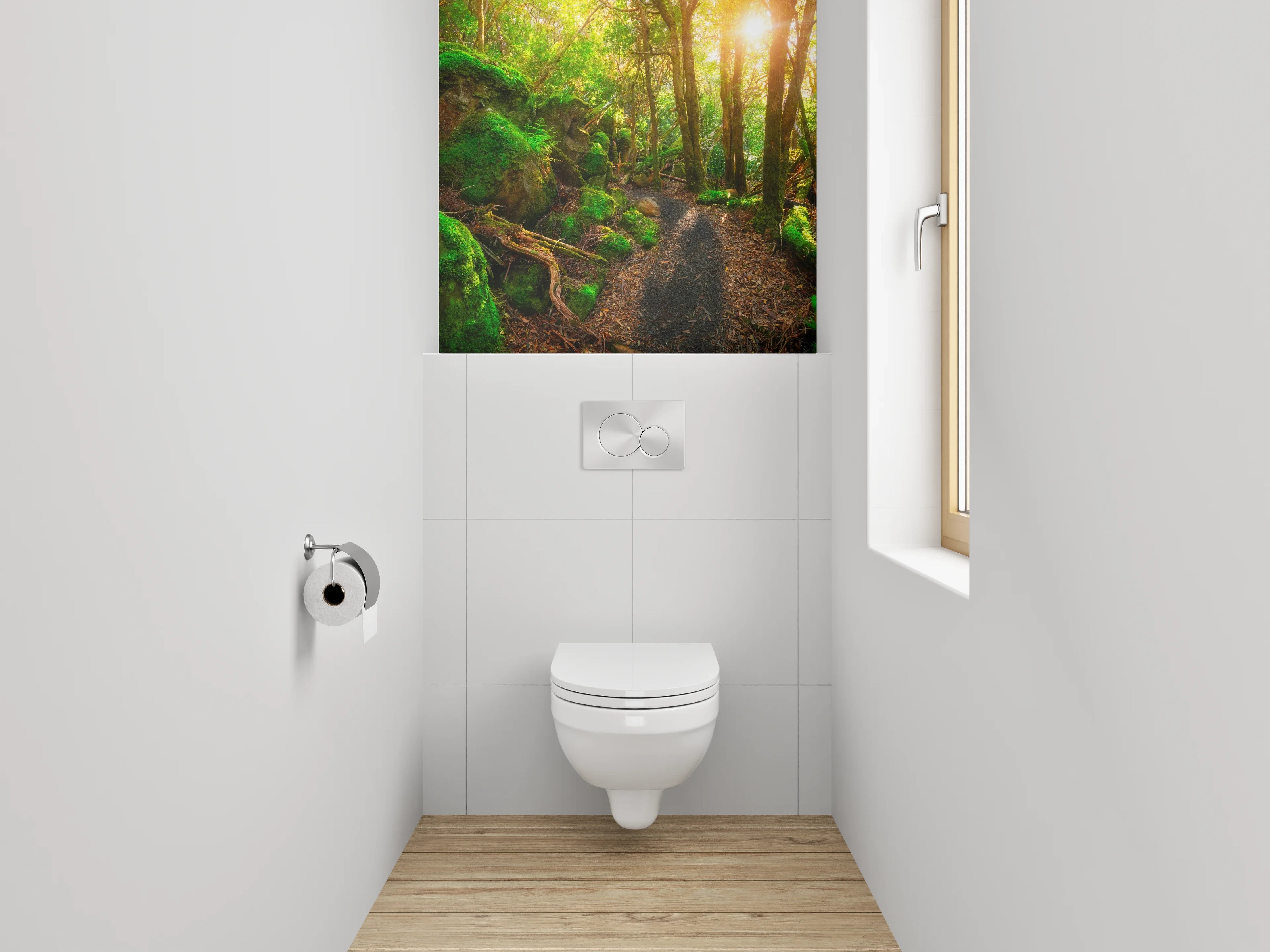 WC-Rückwand - Zauberhafter Waldweg bei Sonnenaufgang