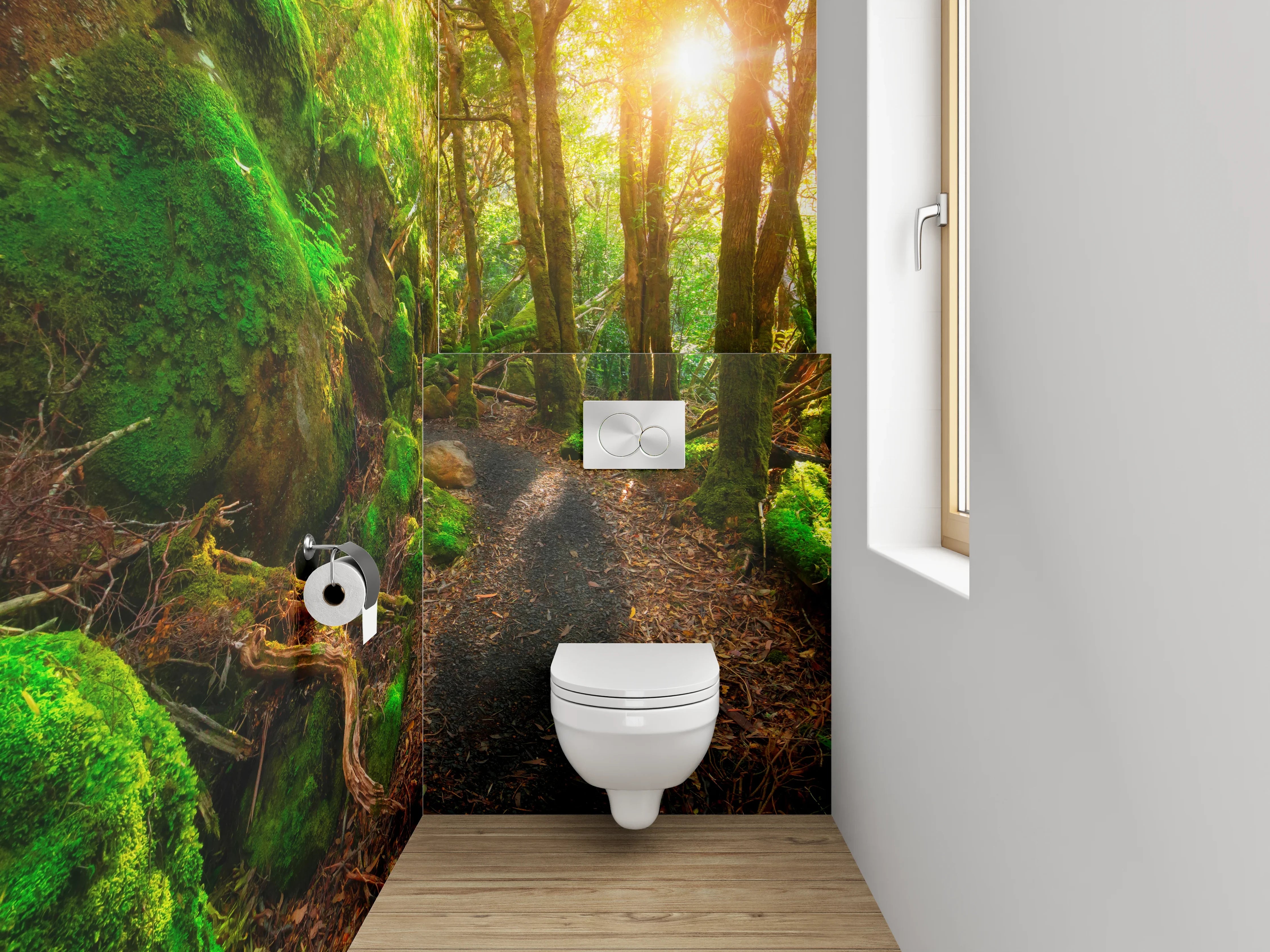 WC-Rückwand - Zauberhafter Waldweg bei Sonnenaufgang