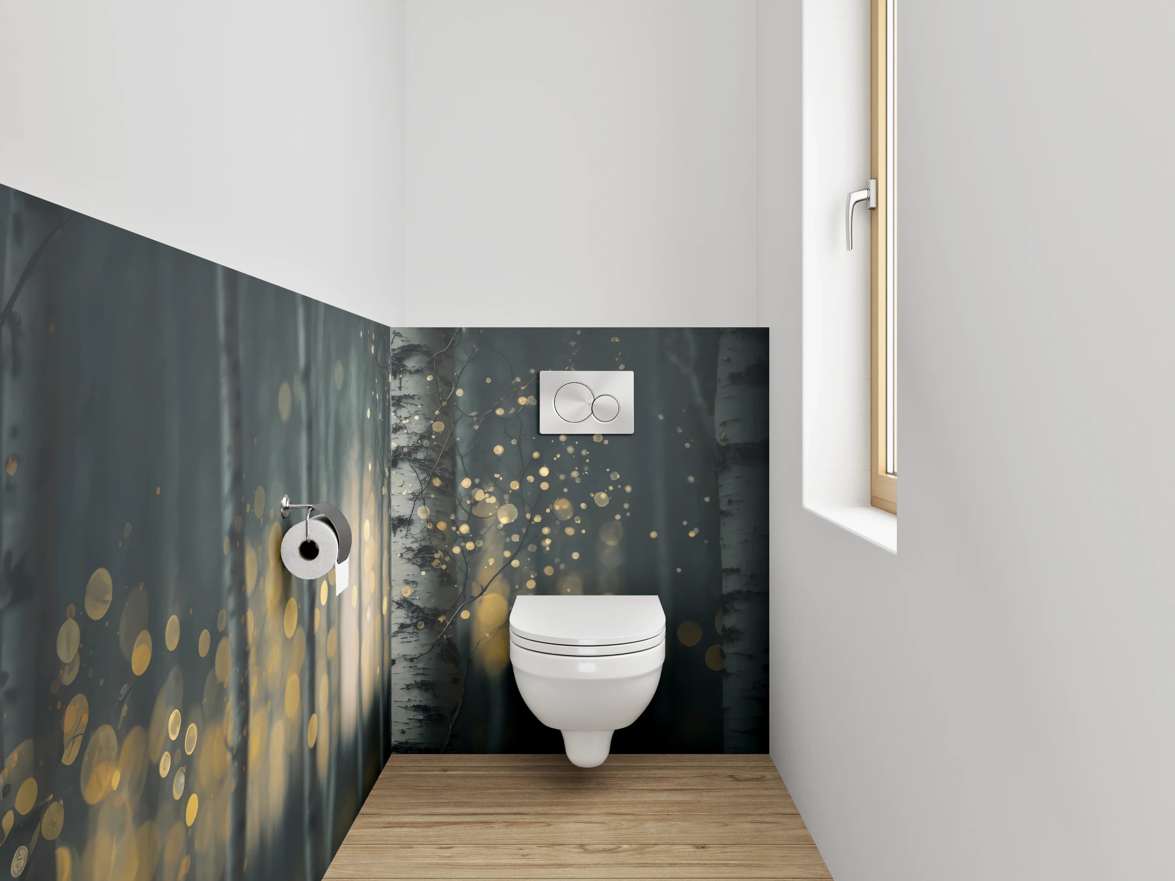 WC-Rückwand - Zauberwald Birken Bokeh Licht