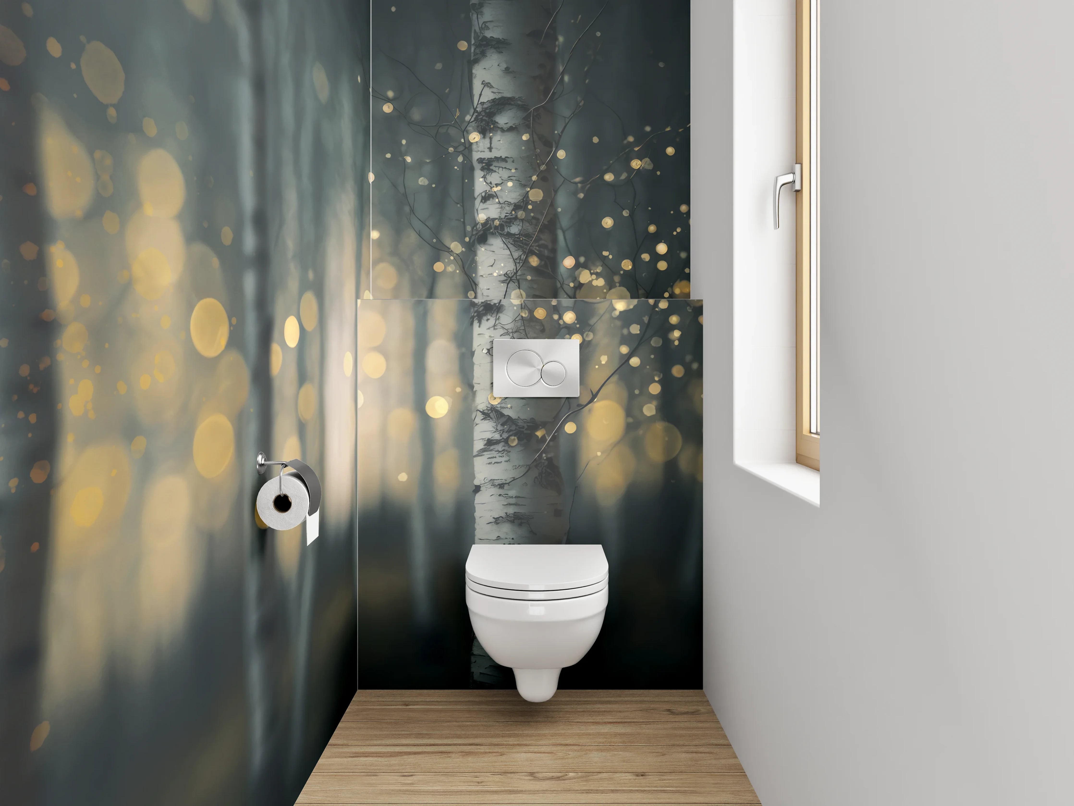 WC-Rückwand - Zauberwald Birken Bokeh Licht