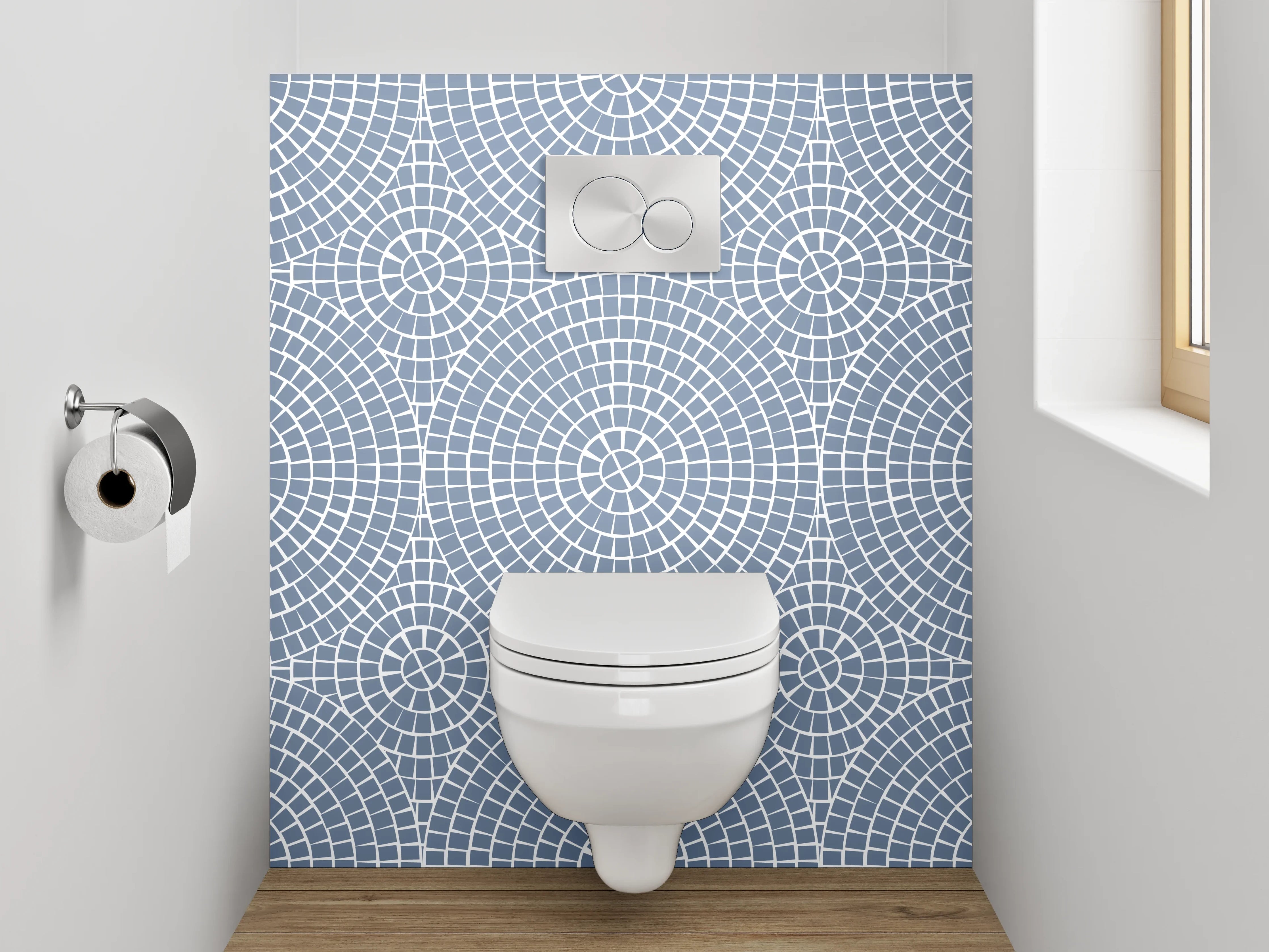 WC-Rückwand - Zeitgenössische geometrische Designs in Blau und Grautönen