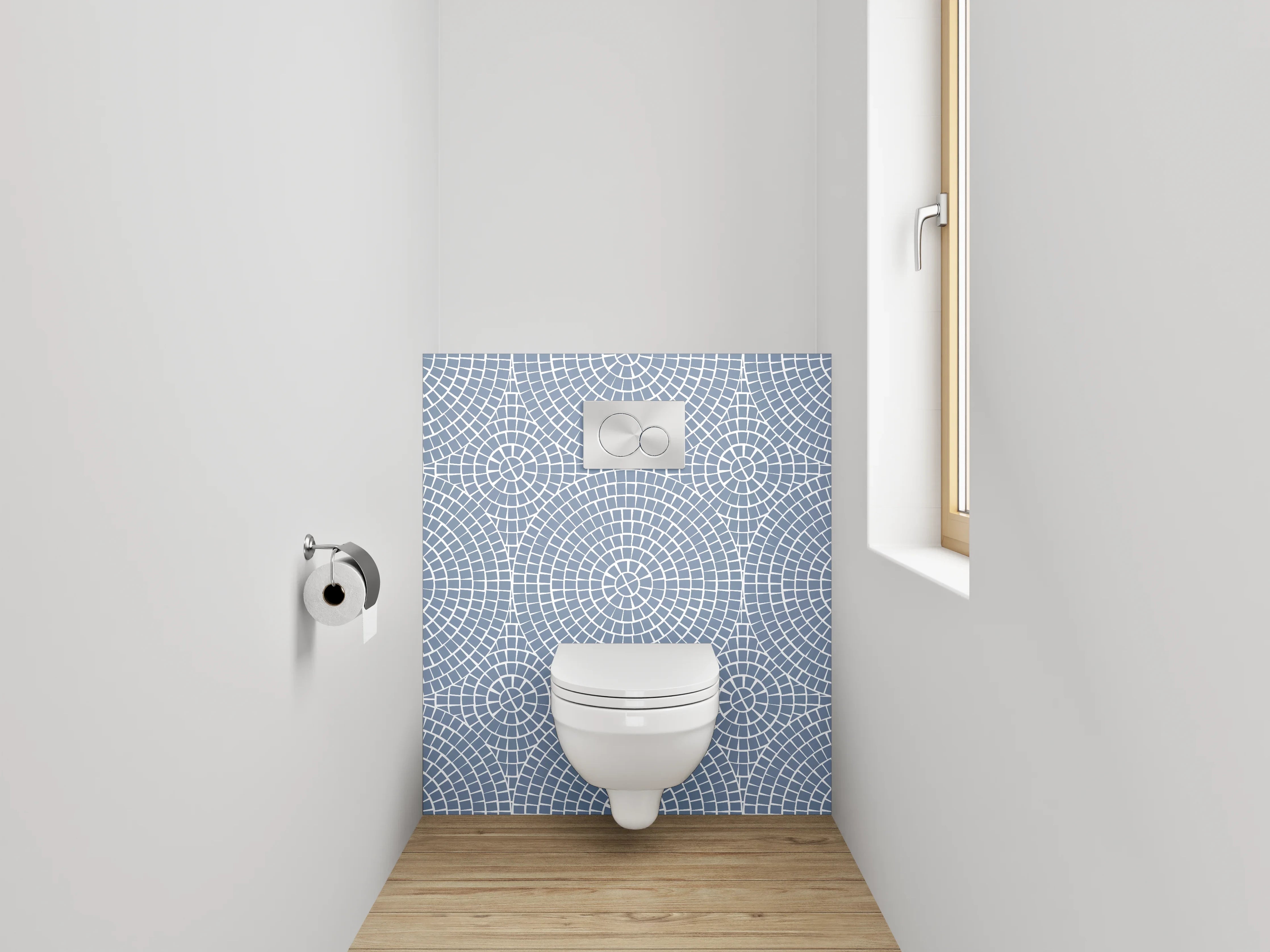 WC-Rückwand - Zeitgenössische geometrische Designs in Blau und Grautönen