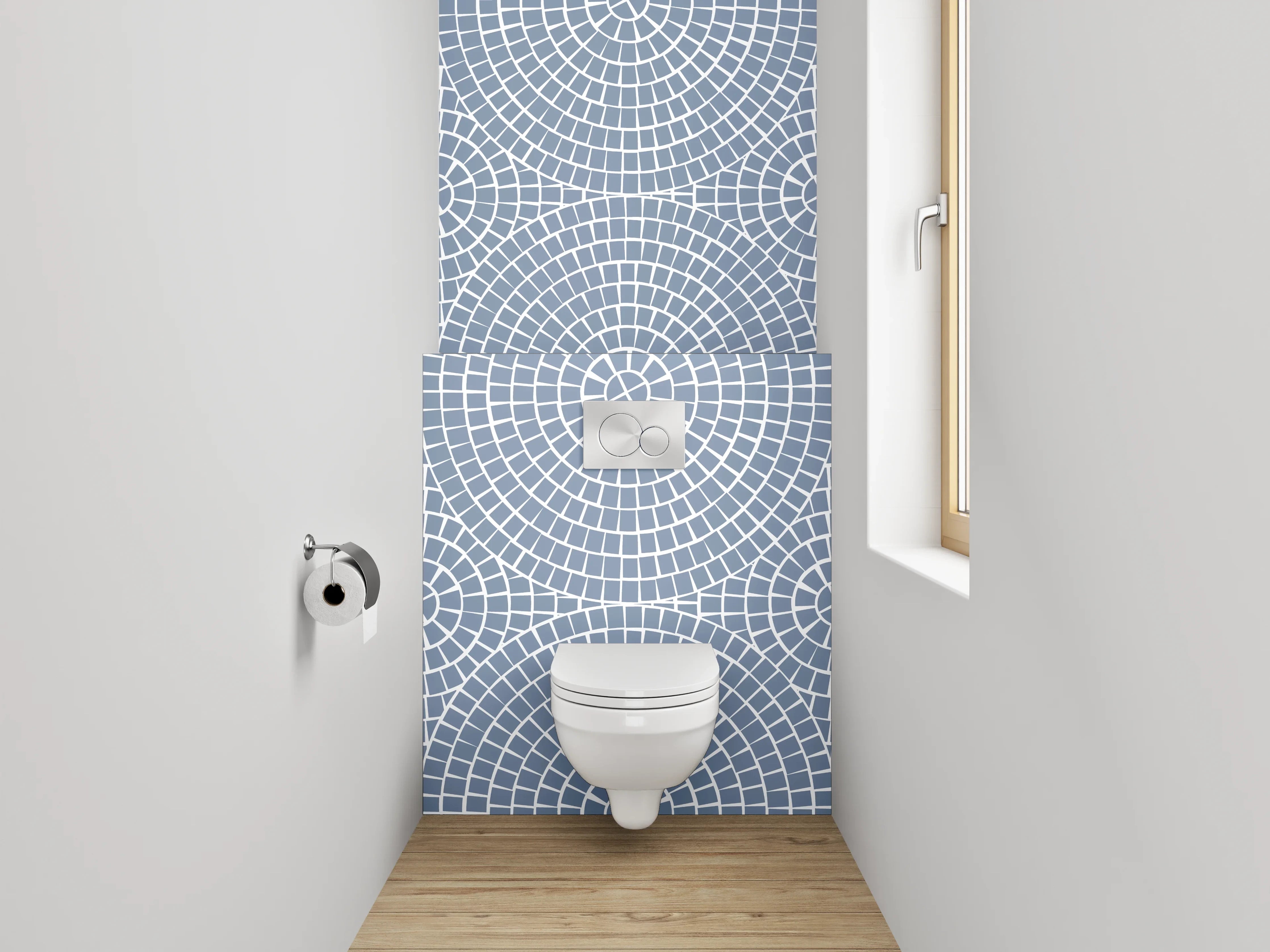 WC-Rückwand - Zeitgenössische geometrische Designs in Blau und Grautönen